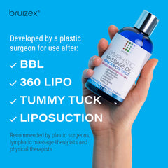 Bruizex oil with massage tools for enhanced lymphatic drainage during recovery.