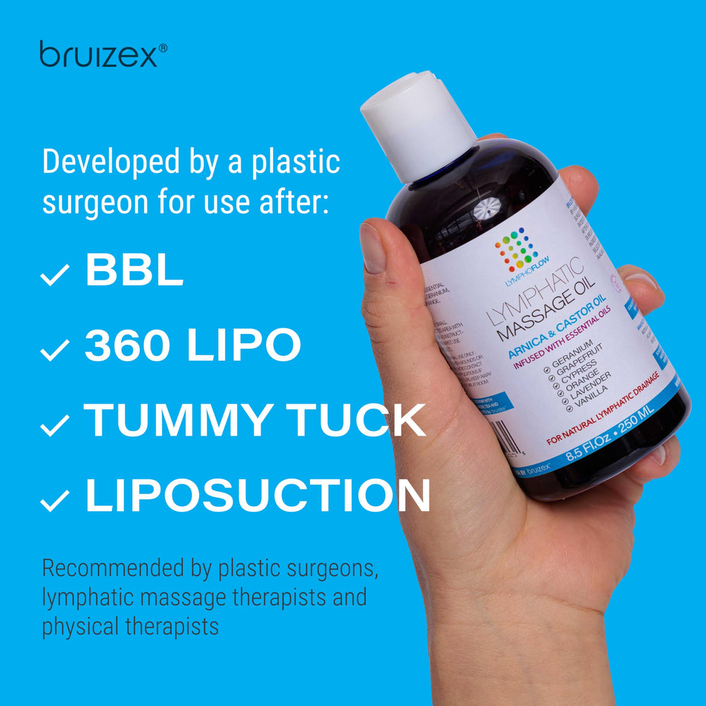 Bruizex post liposuction care oil used in a smoothing massage routine.