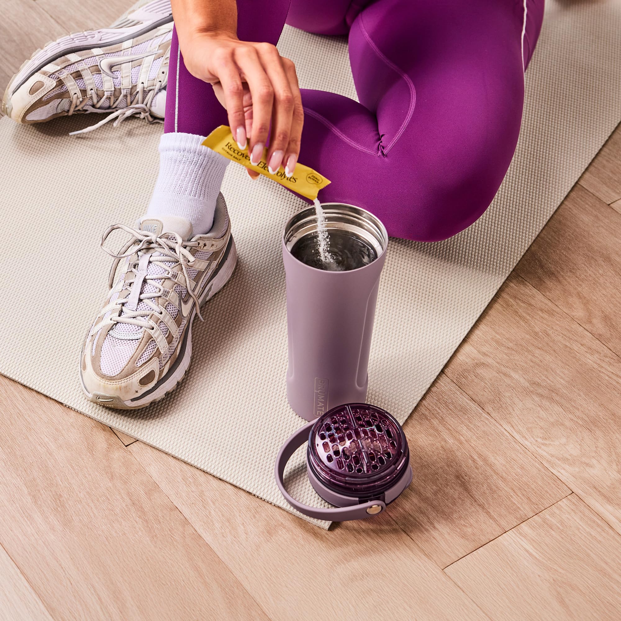 BrüMate MultiShaker Rose Taupe base fits cup holders and gym bags.