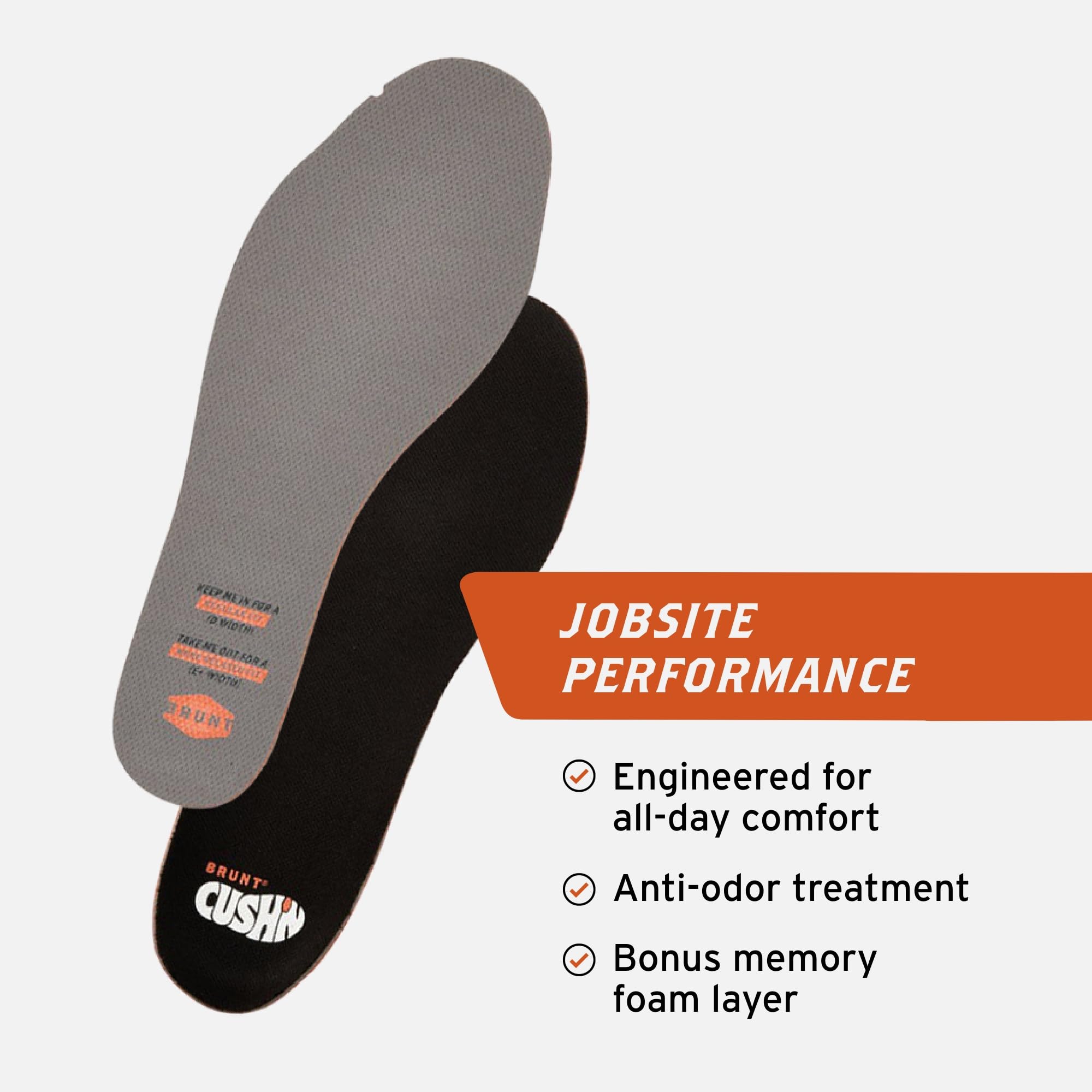 BRUNT Standard CUSH N Insoles feature moisture-wicking fabric for dry feet.