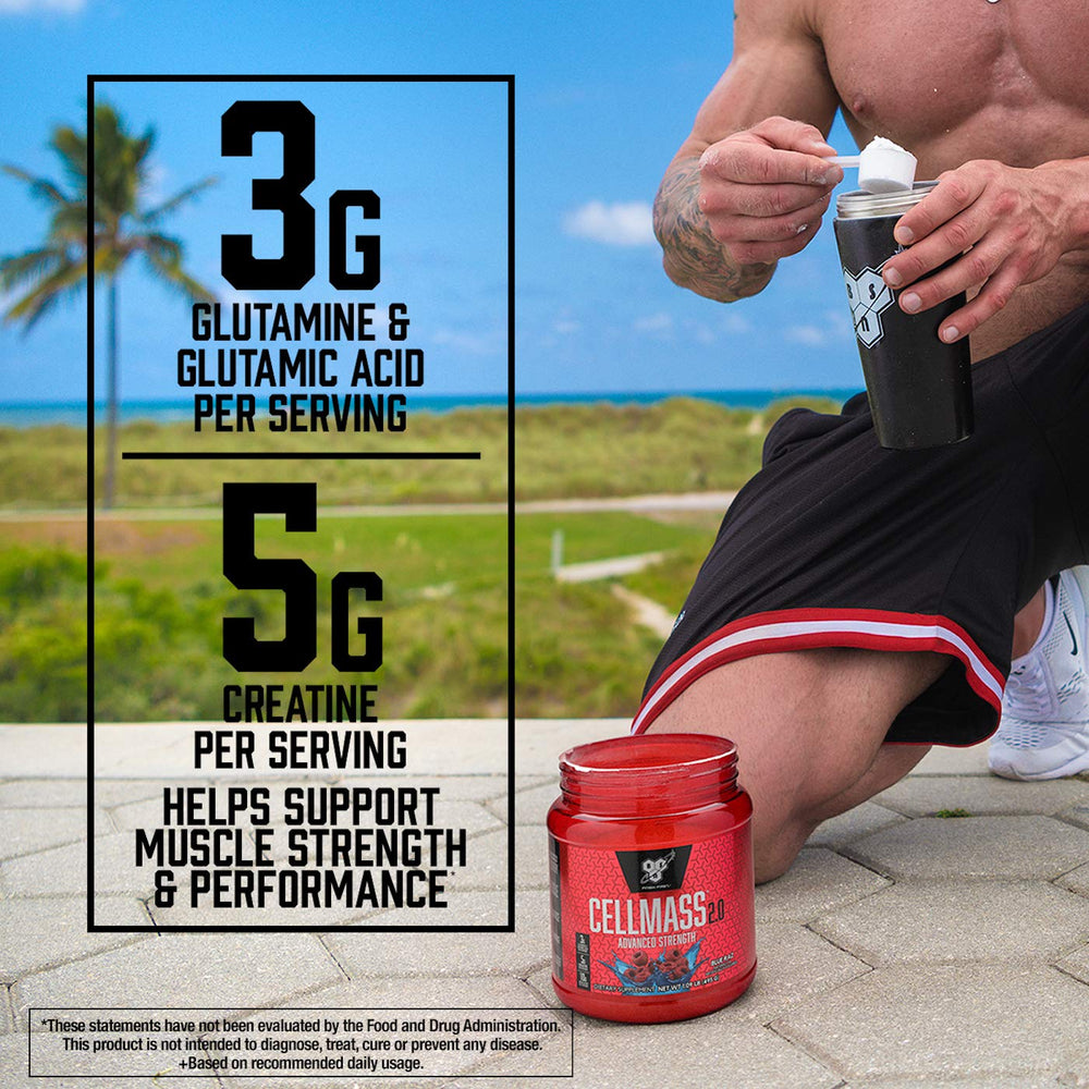 BSN CELLMASS 2.0 Arctic Berry label close-up highlighting ingredients.