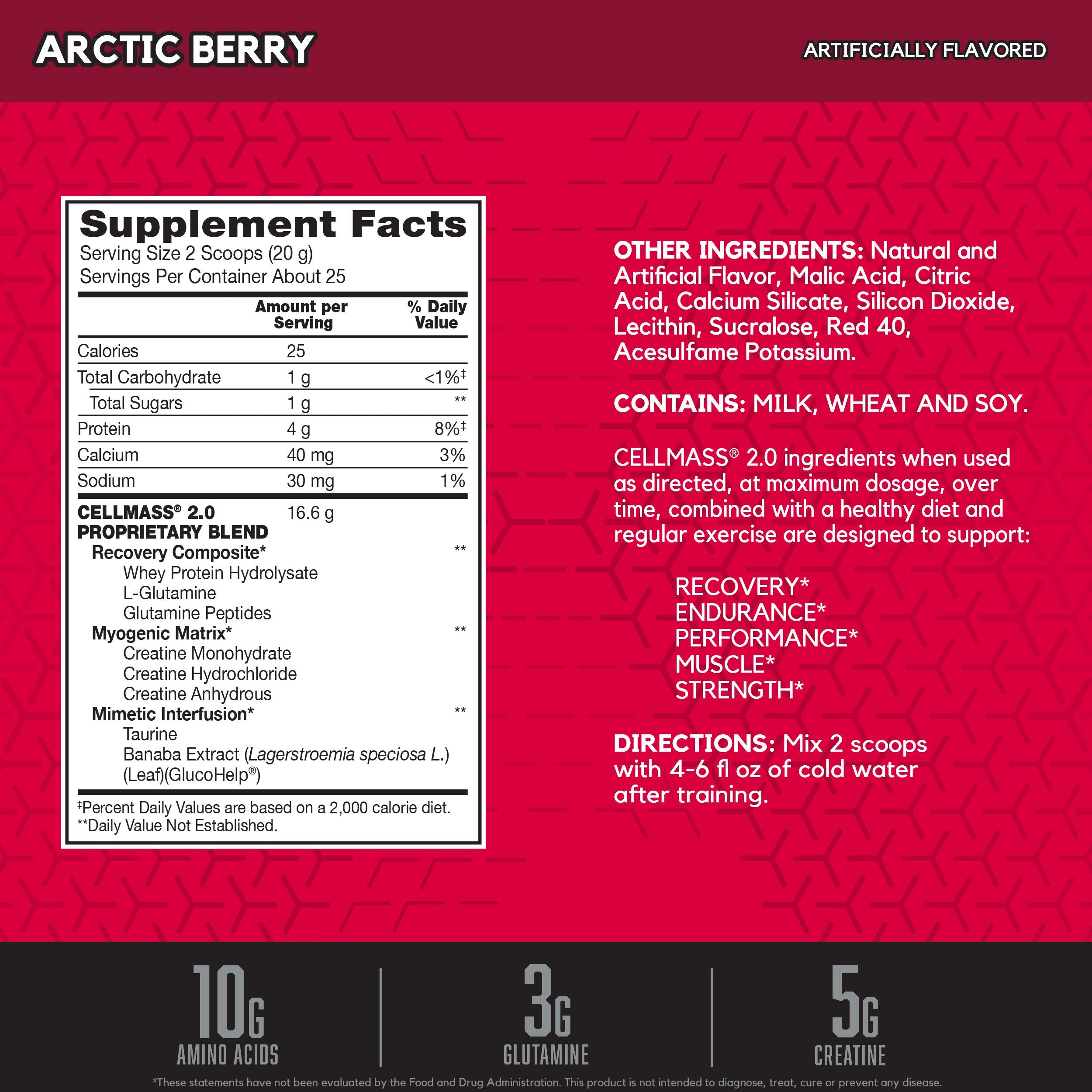 BSN CELLMASS 2.0 Arctic Berry scoop beside tub to measure servings.