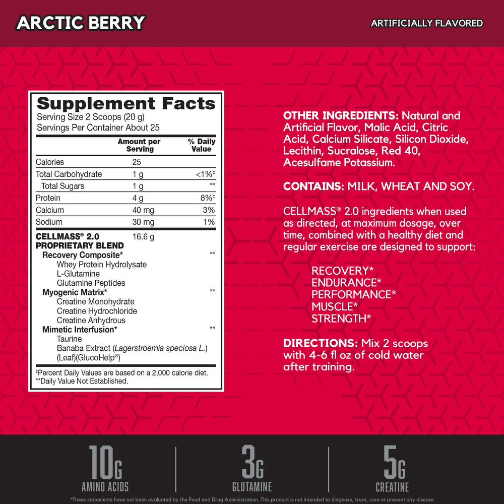 BSN CELLMASS 2.0 Arctic Berry scoop beside tub to measure servings.