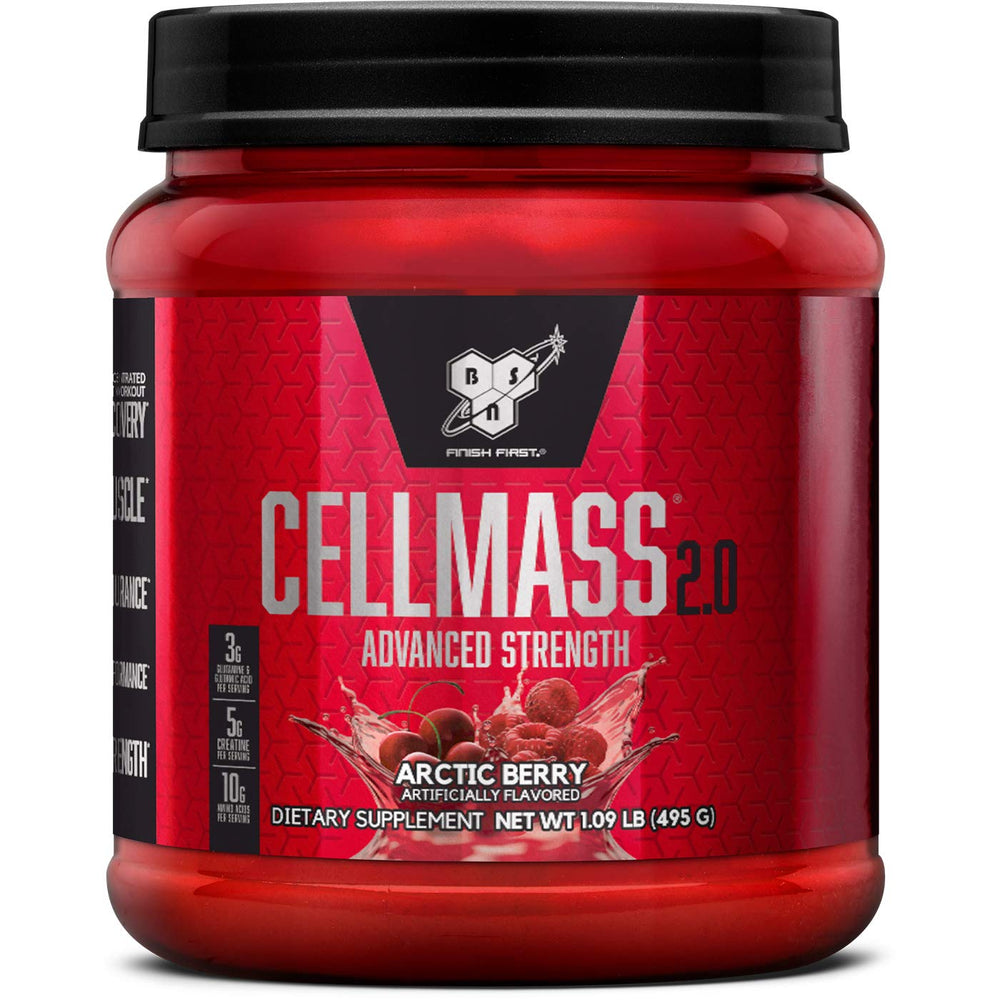 BSN CELLMASS 2.0 Arctic Berry tub for post-workout recovery.