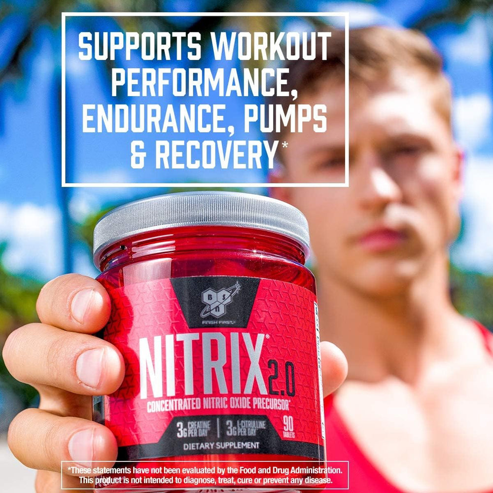 BSN Nitrix 2.0 label close-up highlighting key nitric oxide ingredients