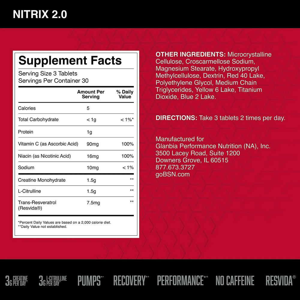 BSN Nitrix 2.0 tablets close-up for convenient daily pumps and endurance