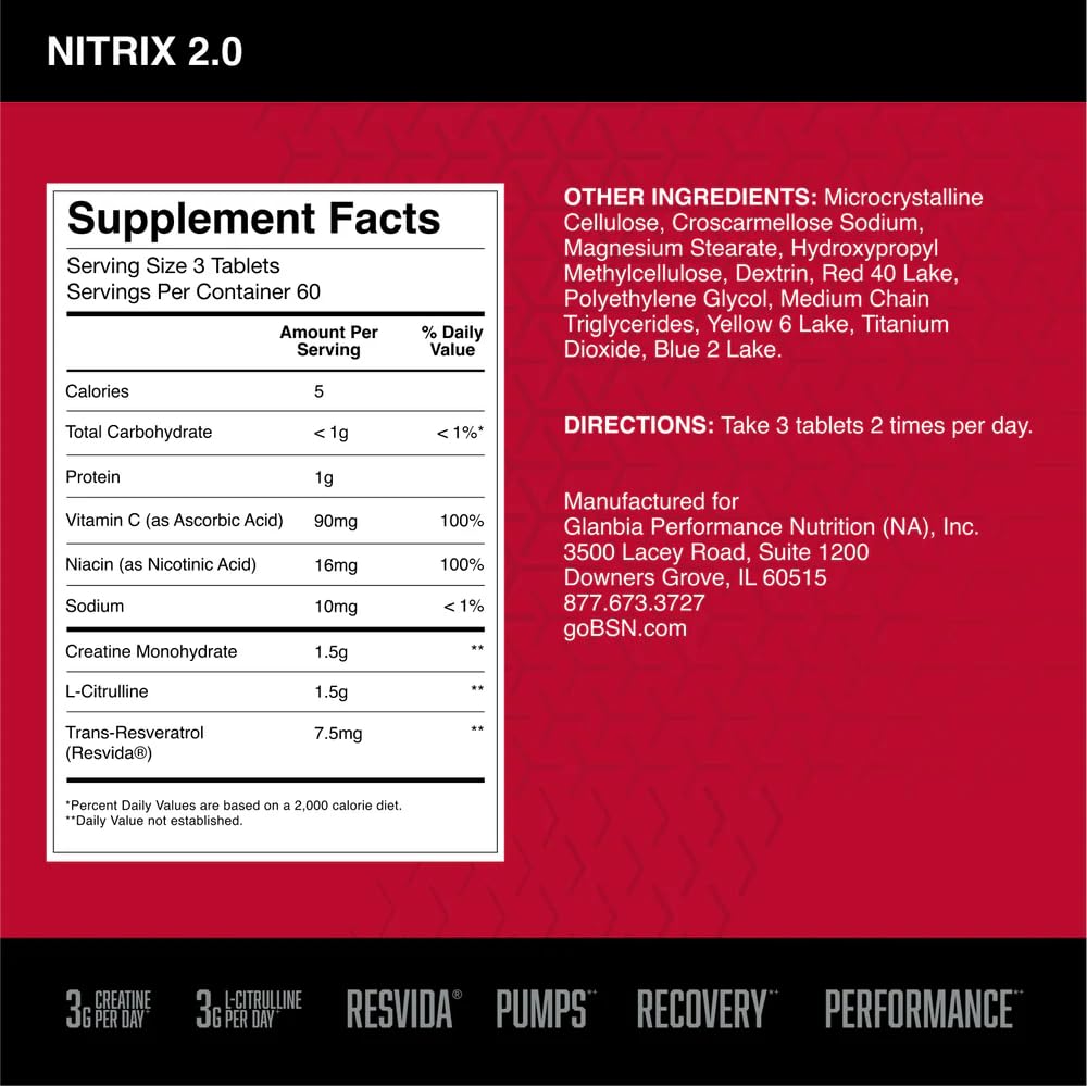 BSN NITRIX 2.0 label close-up showing key ingredients like L-Citrulline and creatine