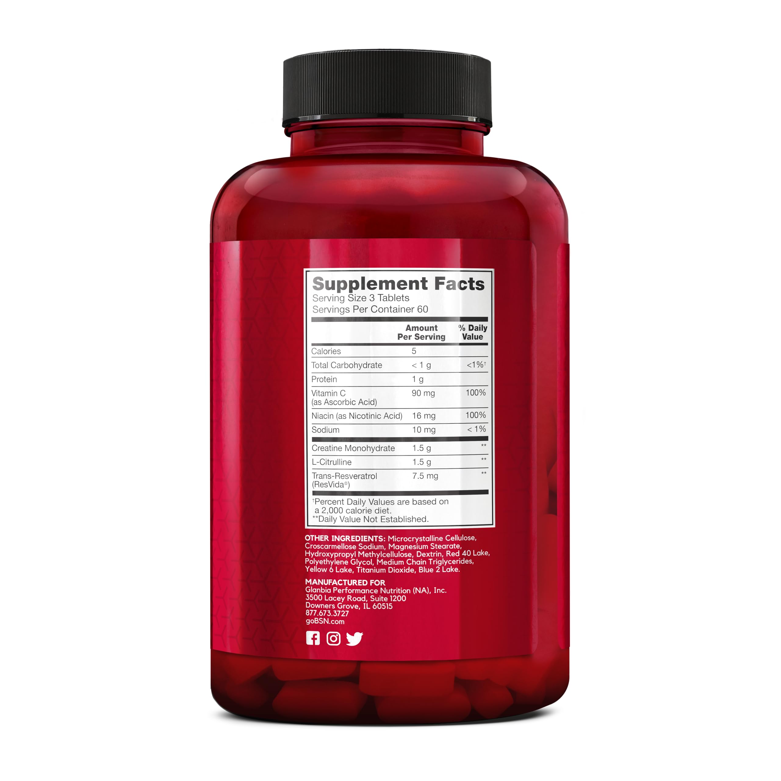 Two tablets with water beside the BSN NITRIX 2.0