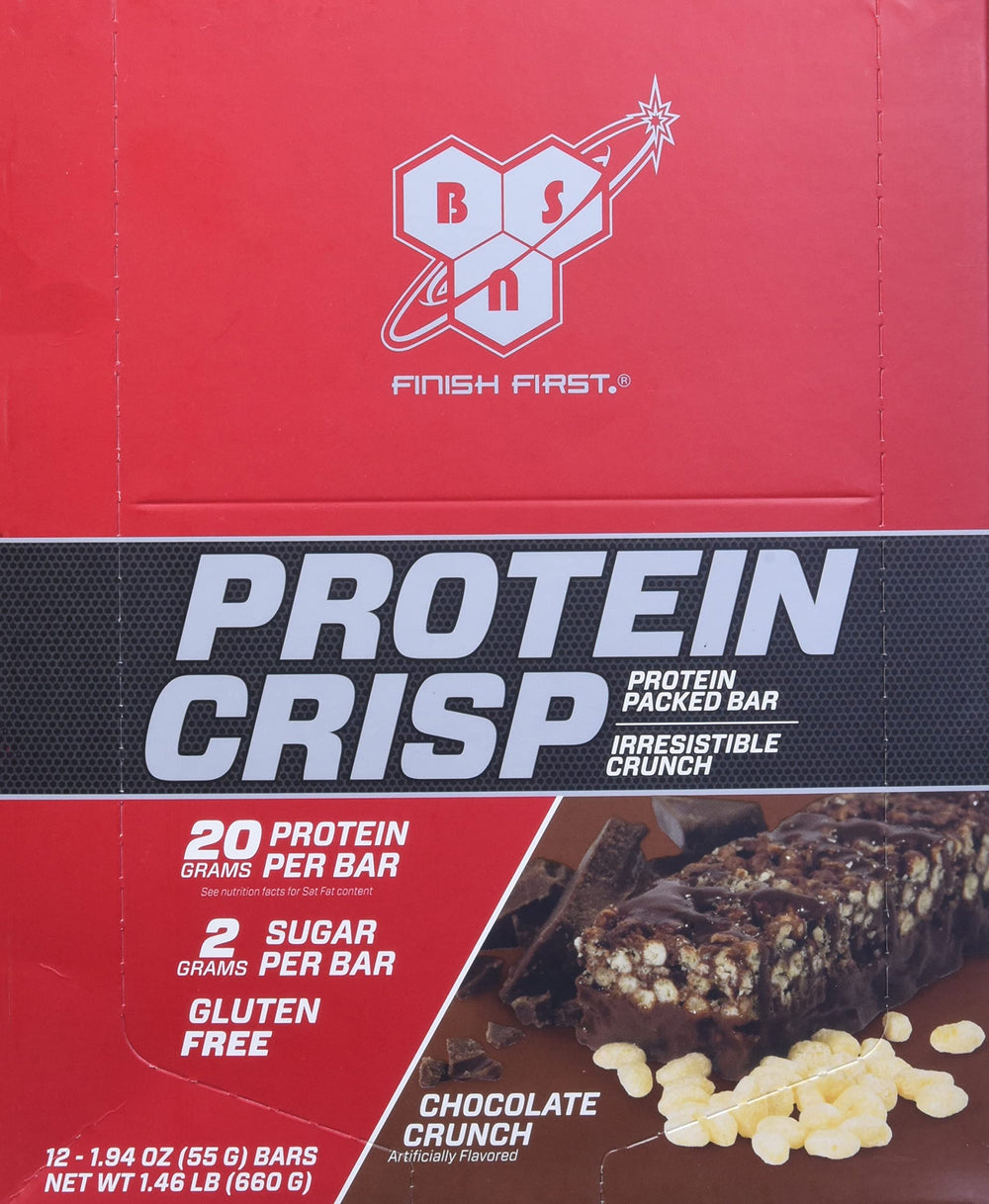 BSN Protein Crisp bar front shows chocolate crunch, a high-protein snack option.