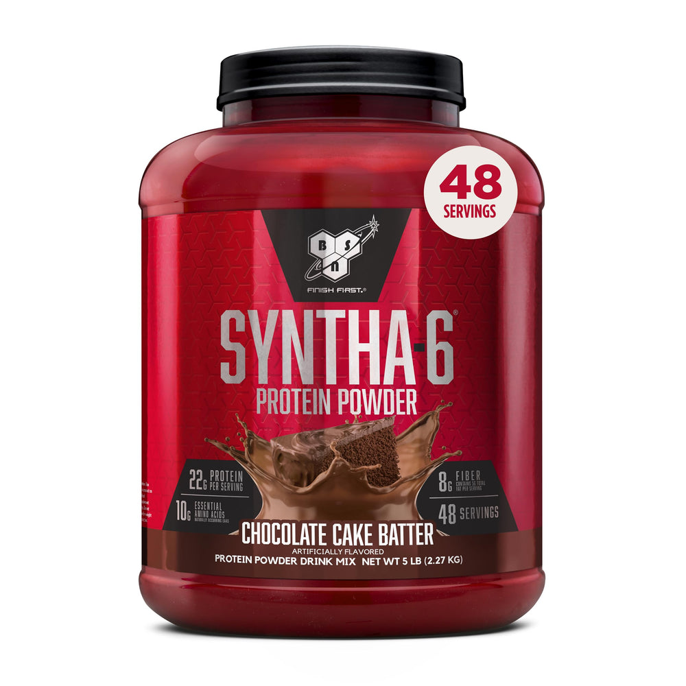 BSN SYNTHA-6 chocolate cake batter tub showing rich flavor and texture.