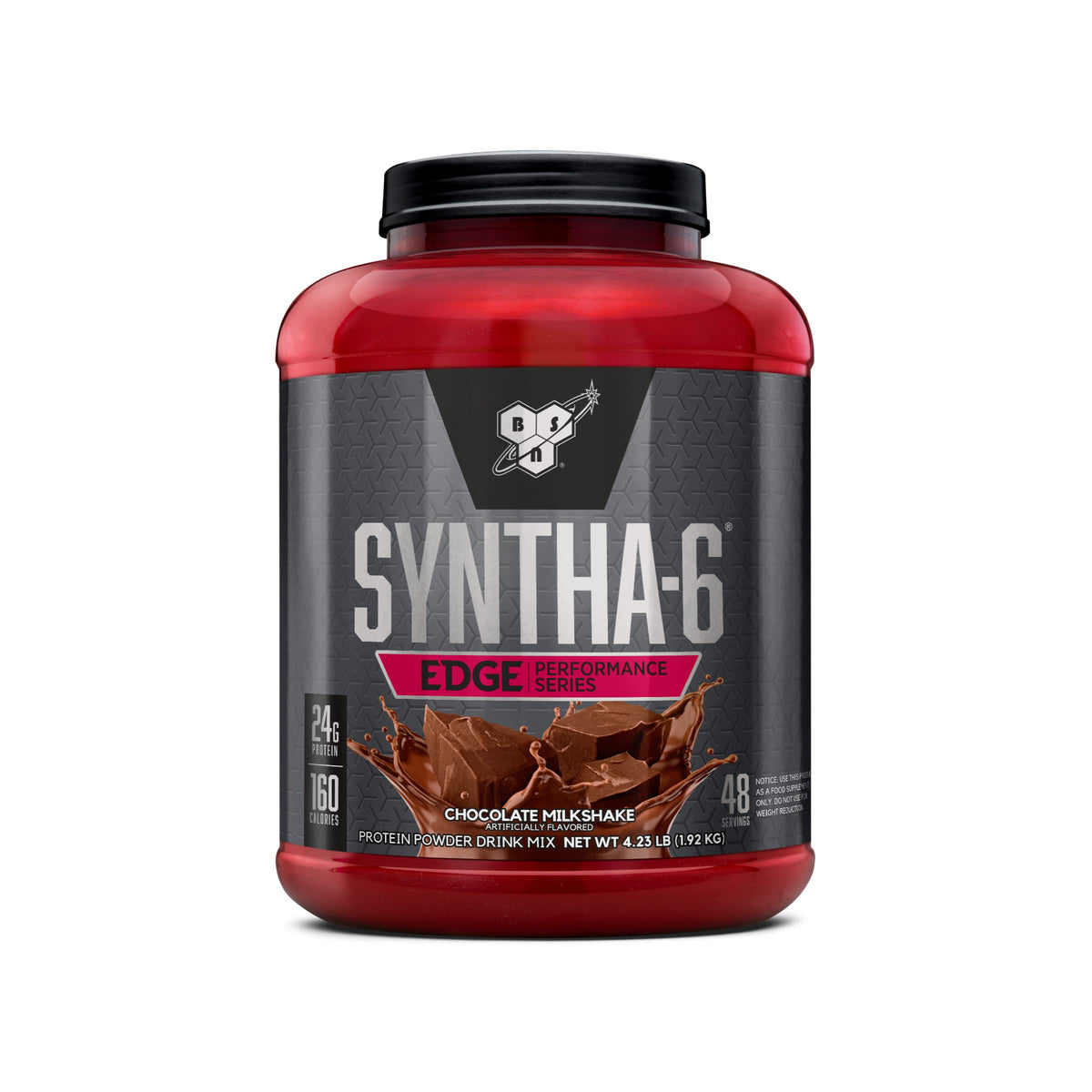 BSN SynthA-6 Edge chocolate milkshake packaging highlights premium protein blend for recovery.