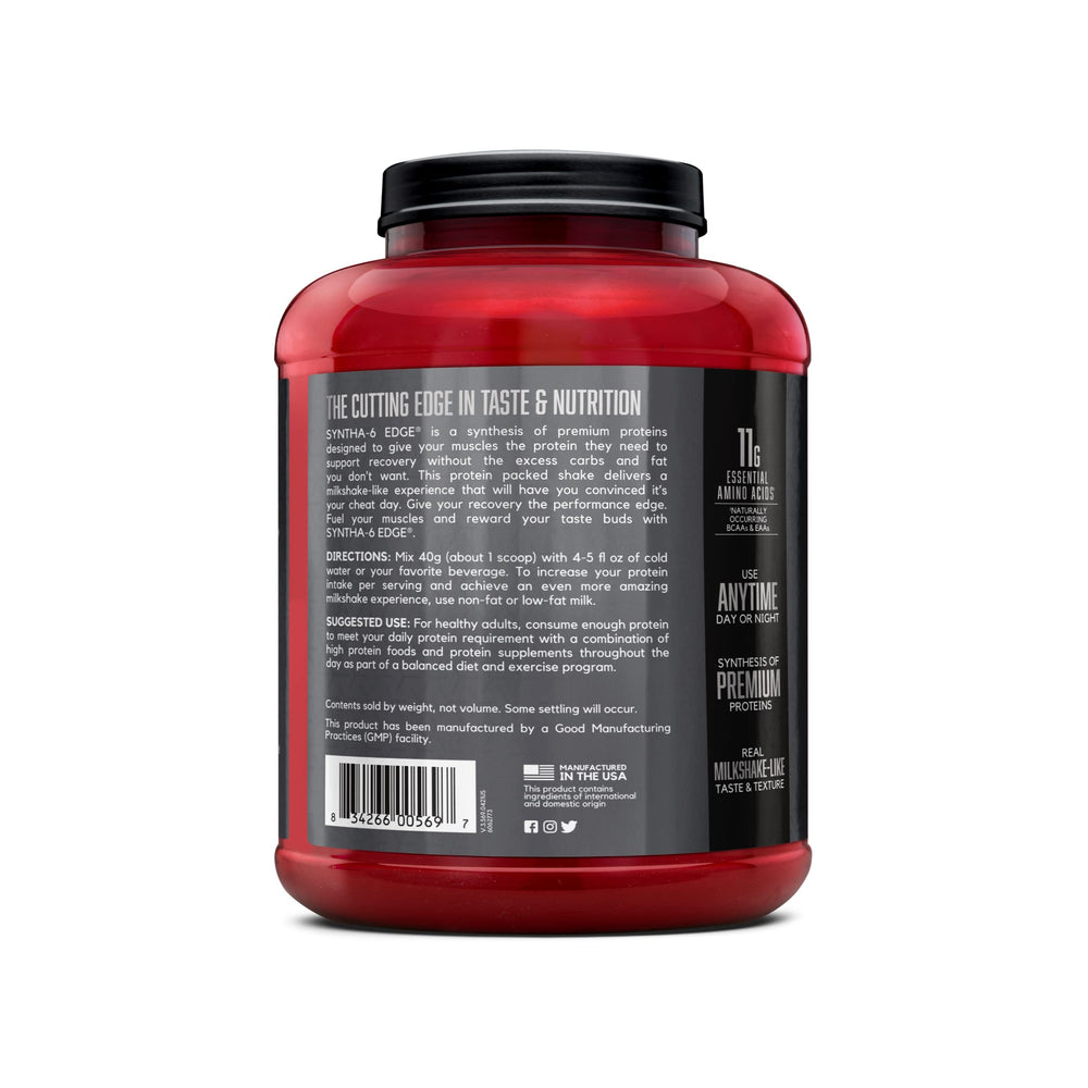 BSN SynthA-6 Edge ingredients graphic showcases hydrolyzed whey and micellar casein benefits.