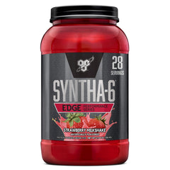 BSN SYNTHA-6 Edge strawberry milkshake bottle for post-workout protein boost.