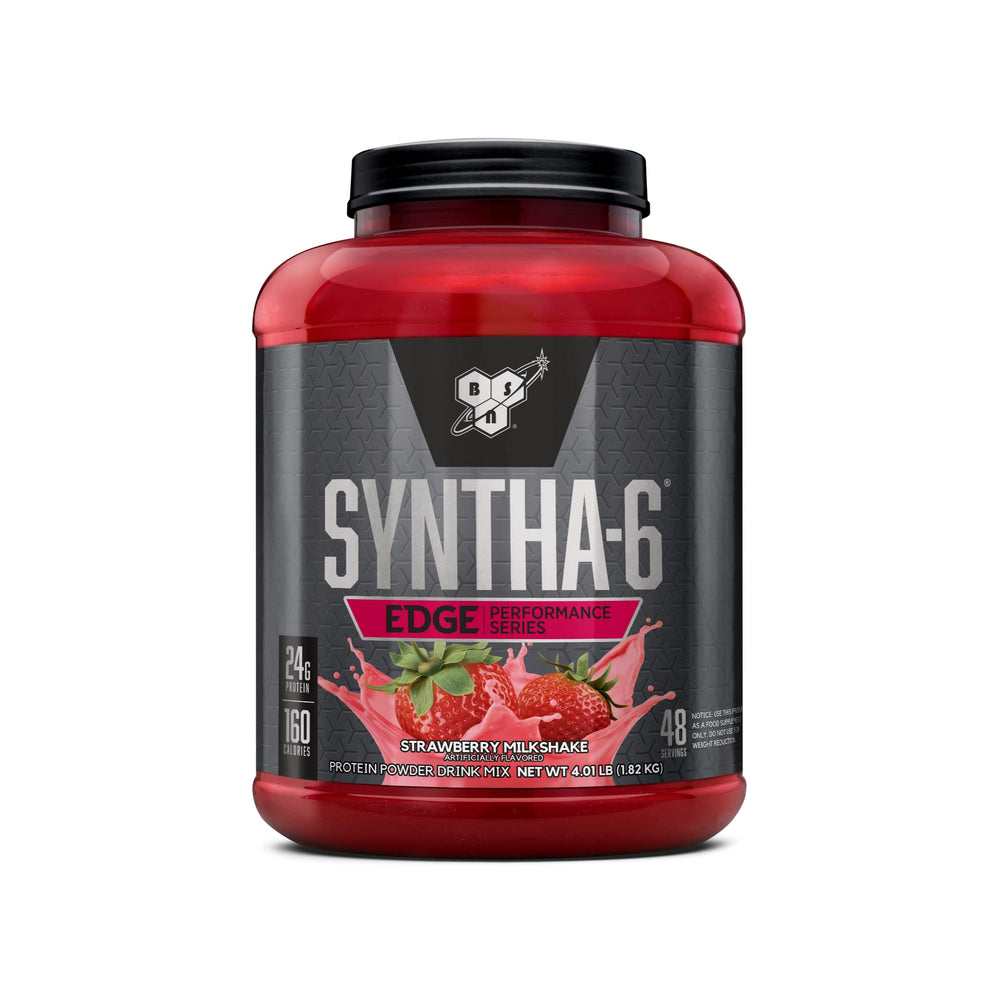 BSN SYNTHA-6 EDGE strawberry milkshake bottle shows premium protein blend for recovery support.