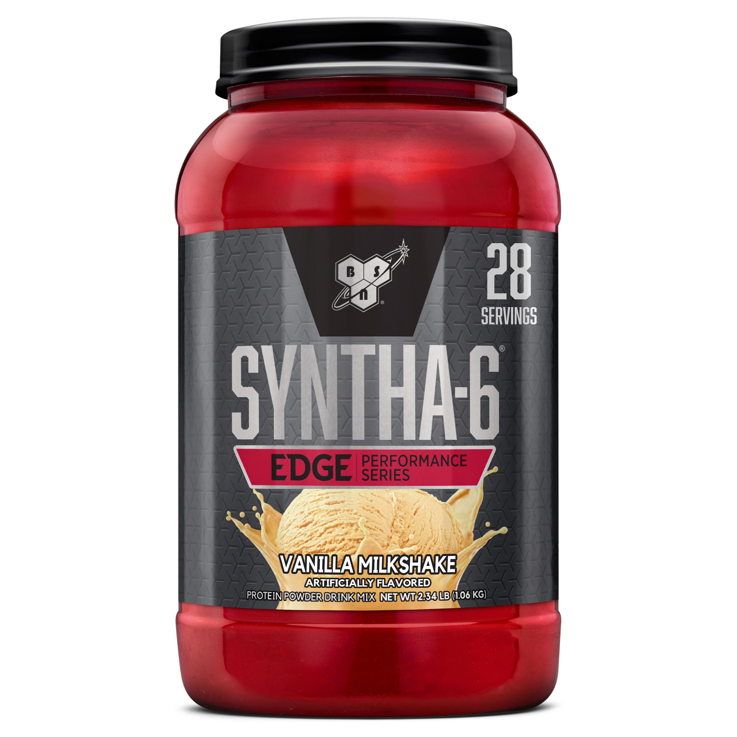 BSN SYNTHA-6 Edge vanilla milkshake tub showing rich protein blend for recovery support.