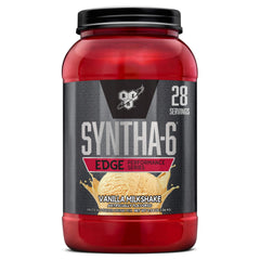 BSN SYNTHA-6 Edge vanilla milkshake tub showing rich protein blend for recovery support.