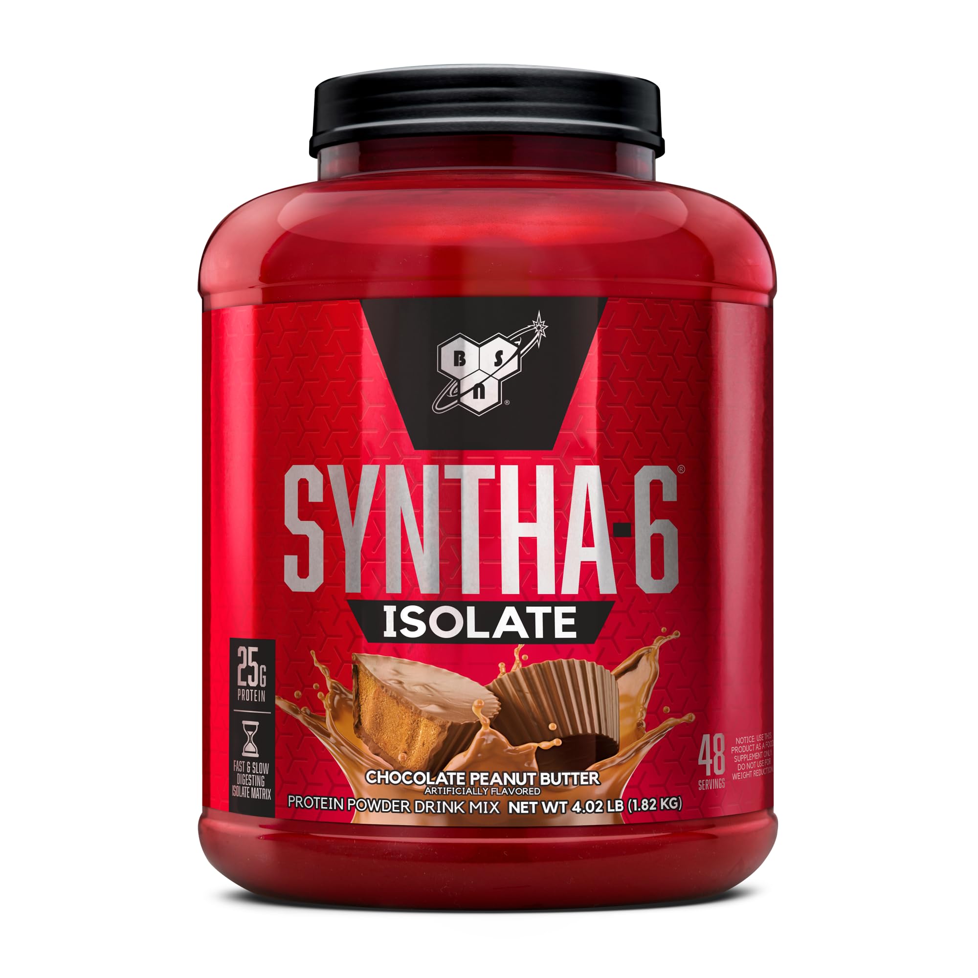 BSN SYNTHA-6 ISOLATE chocolate peanut butter tub showing high protein content