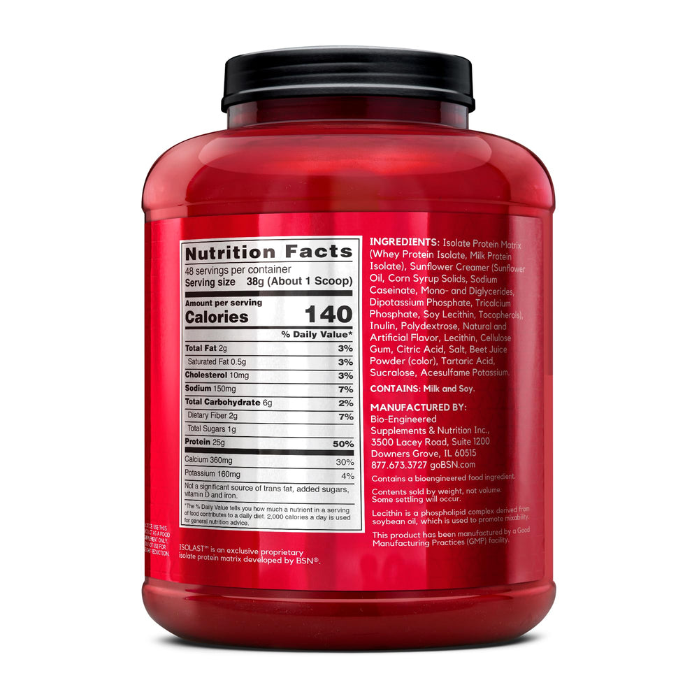 Ingredients list includes whey protein isolate and milk protein isolate