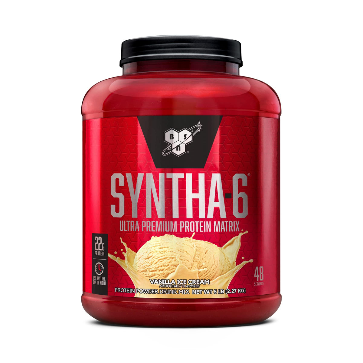 BSN SYNTHA-6 vanilla ice cream tub shows a high-protein blend for daily fueling