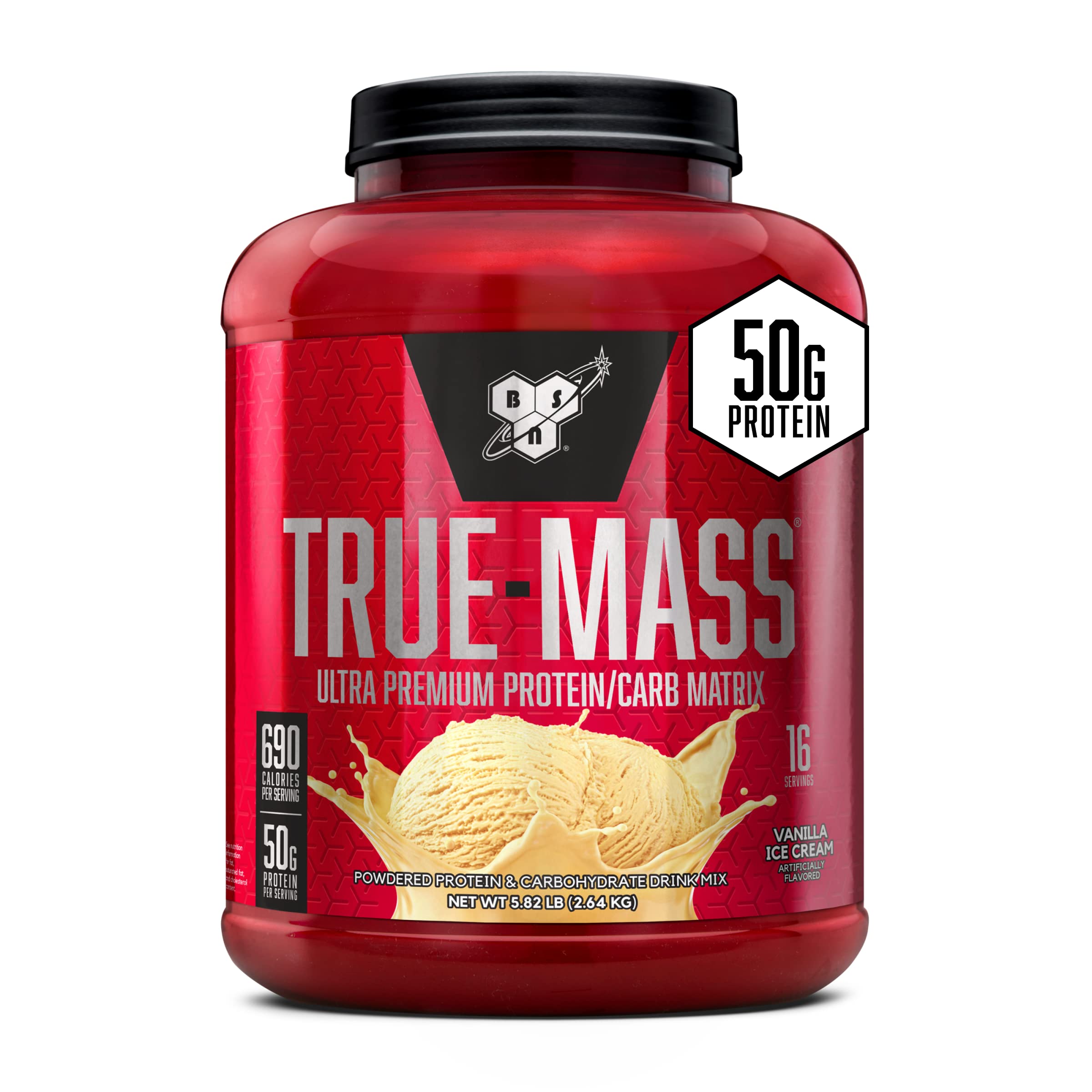 BSN TRUE-MASS bottle pour of a creamy vanilla shake for post-workout fueling