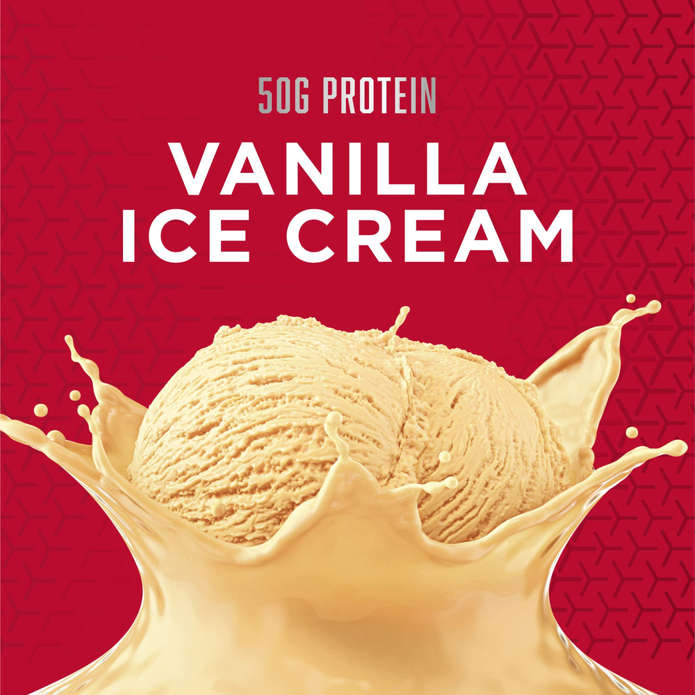 BSN TRUE-MASS vanilla shake in glass showcasing creamy texture