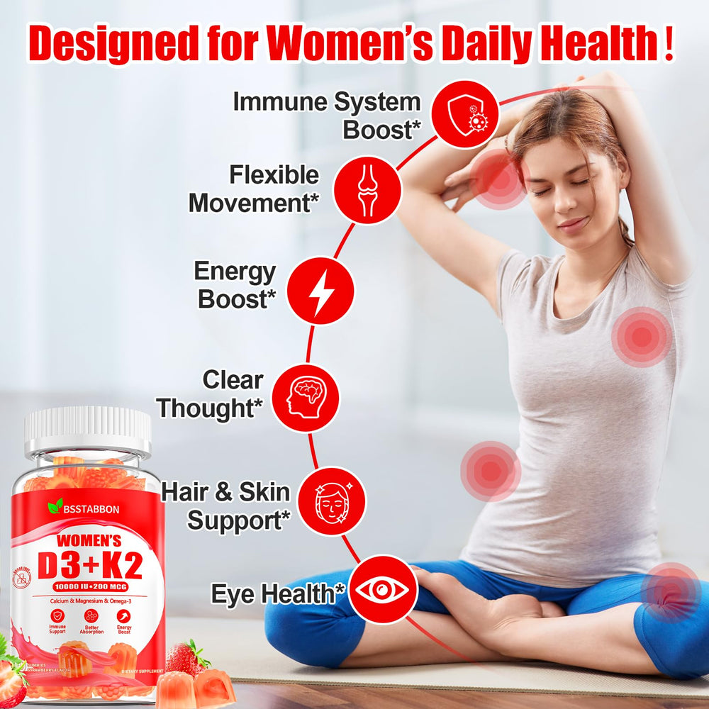 Nutrition label on BSSTABBON D3 K2 gummies showing high-absorption nutrients