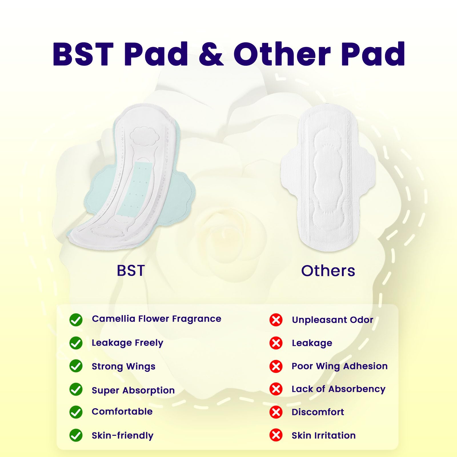 BST heavy-flow overnight pads with wings absorbent core detail showing high capacity.