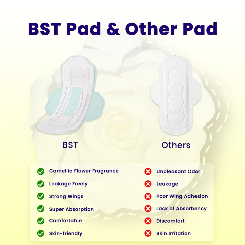 BST heavy-flow overnight pads with wings absorbent core detail showing high capacity.
