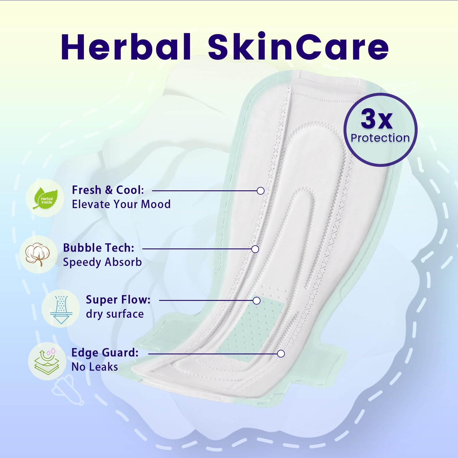 BST heavy-flow overnight pads with wings breathable cover close-up promotes dryness and comfort.
