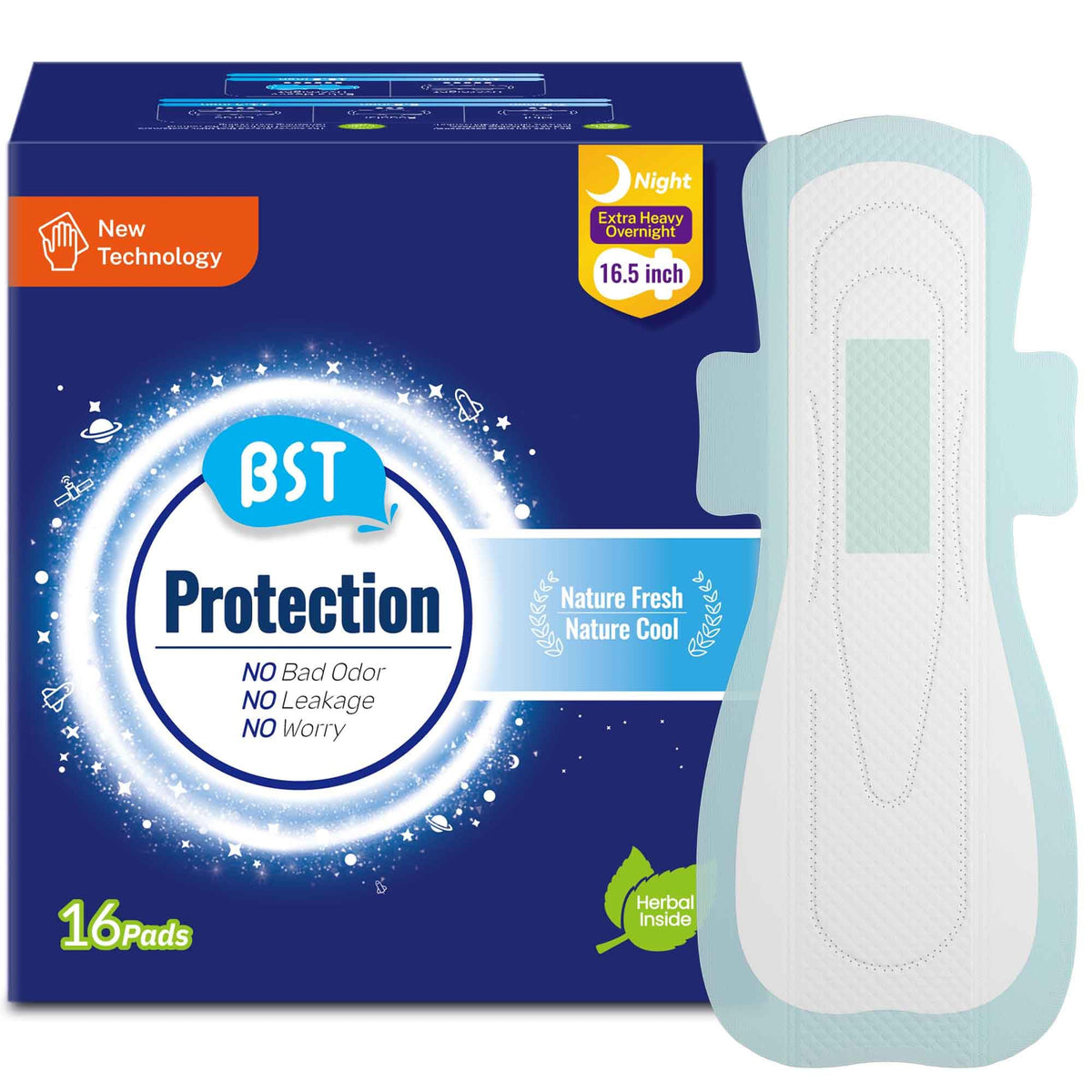BST heavy-flow overnight pads with wings packshot for reliable protection during sleep.