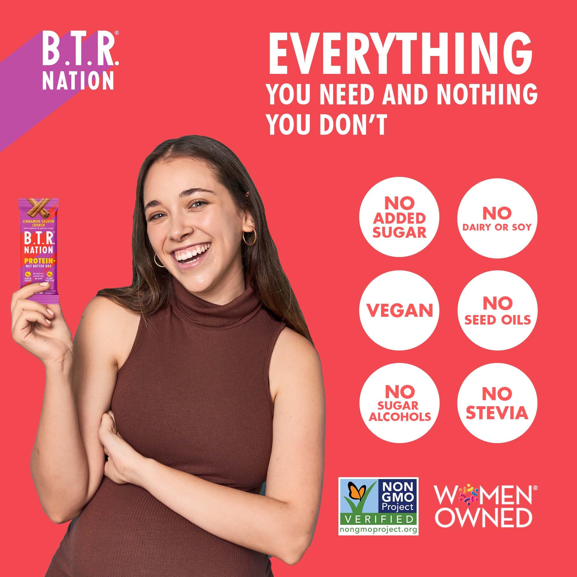 Unwrapped B.T.R. Nation Cinnamon Cashew Crunch bar ready to enjoy.