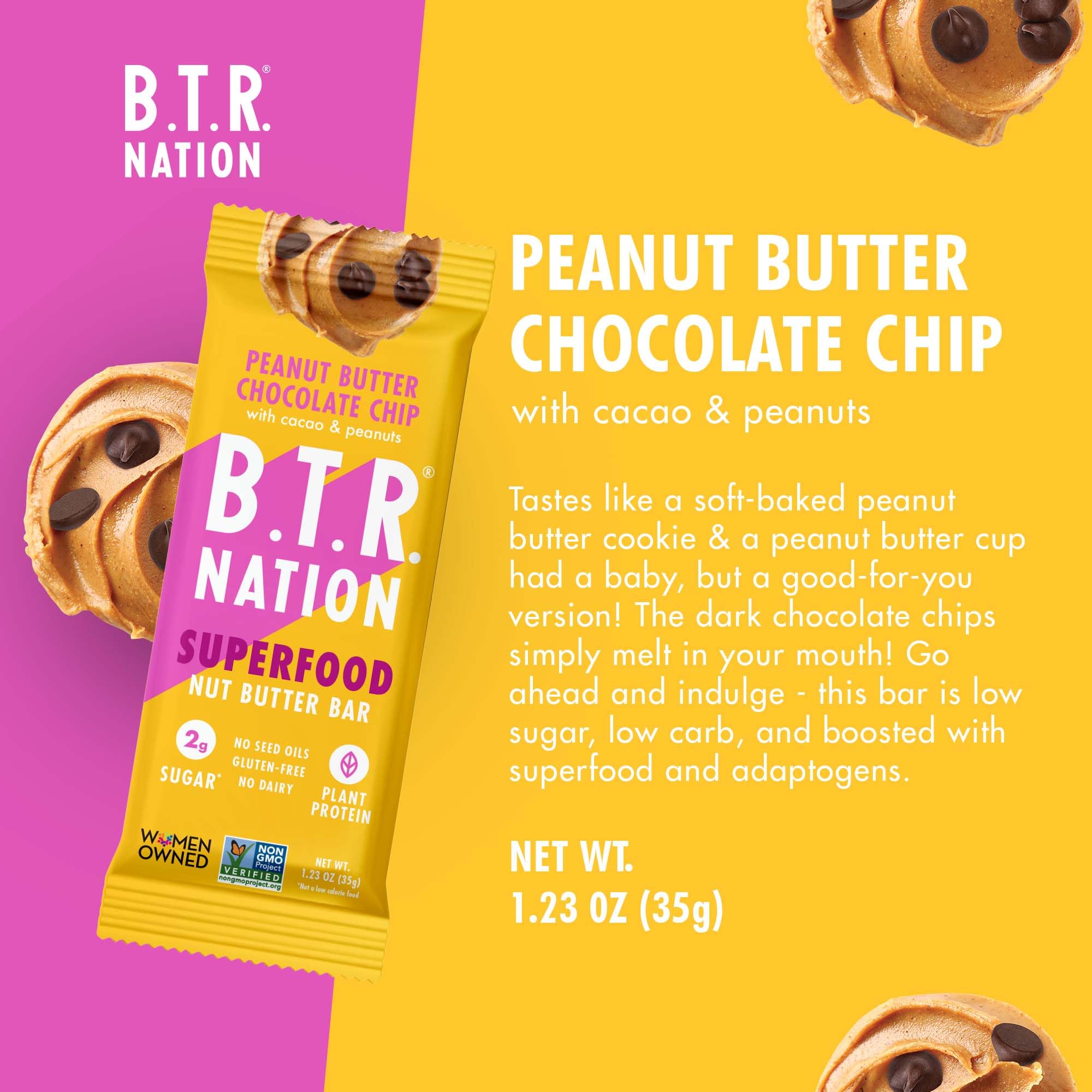 B.T.R. Bliss bar cross-section highlights plant protein and soft texture.