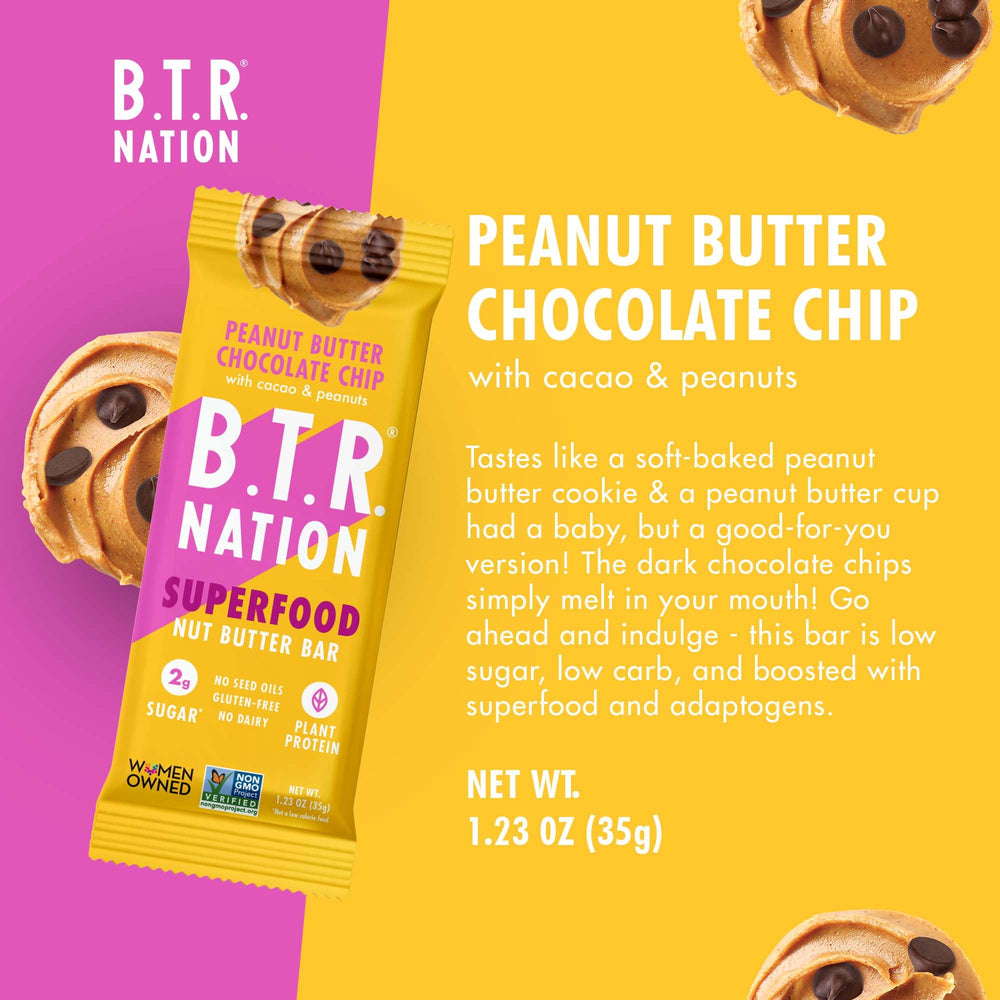 B.T.R. Bliss bar cross-section highlights plant protein and soft texture.