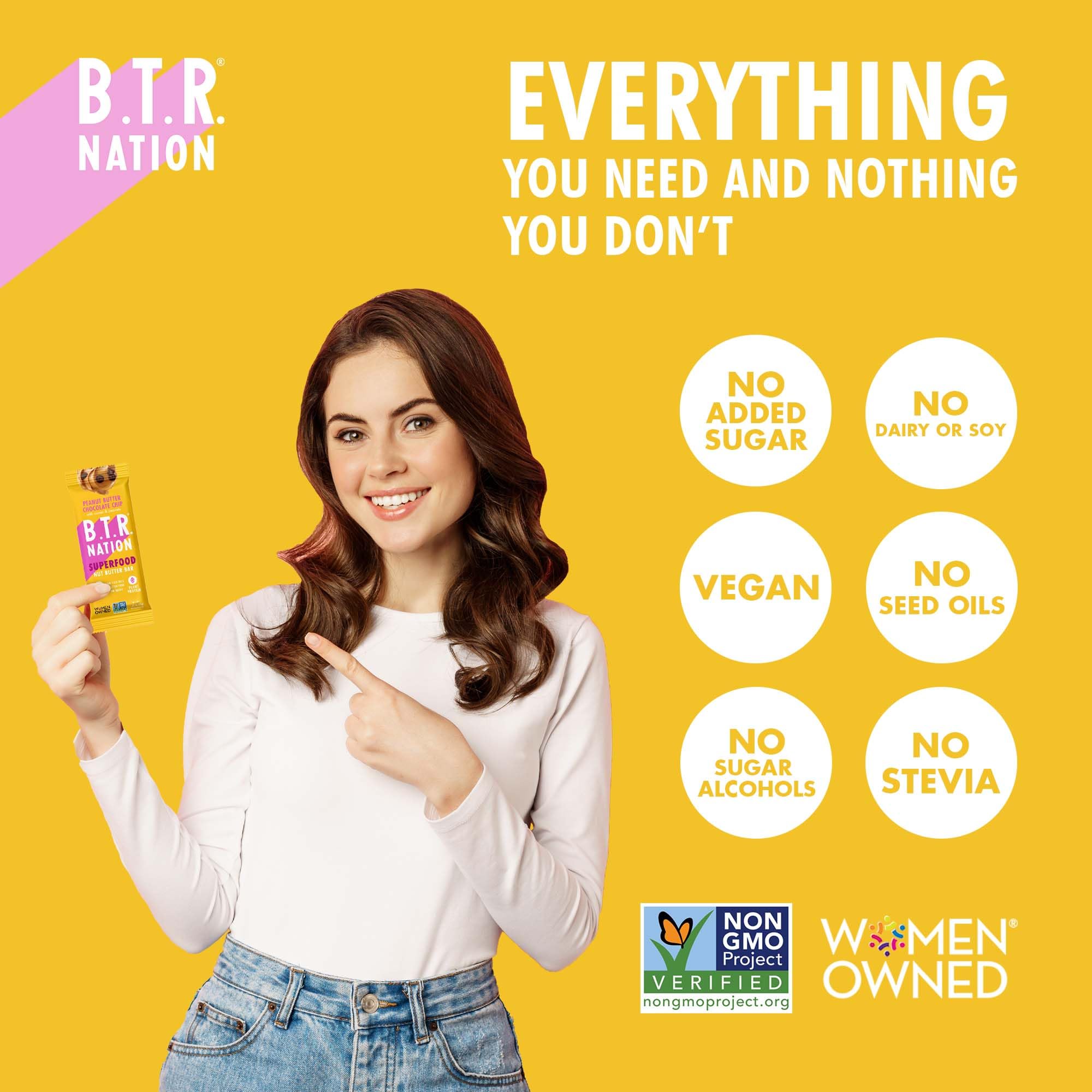 B.T.R. Bliss bar ingredients label emphasizes clean, non-GMO, dairy-free formulation.