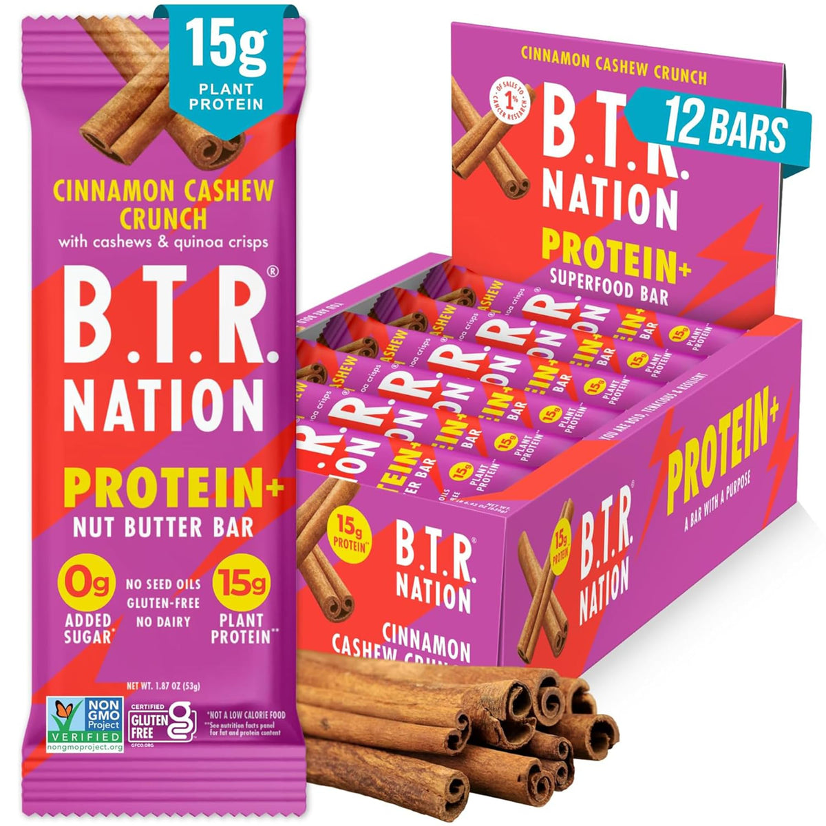 B.T.R. Nation Cinnamon Cashew Crunch bar front view highlighting a protein-rich, keto-friendly bite.