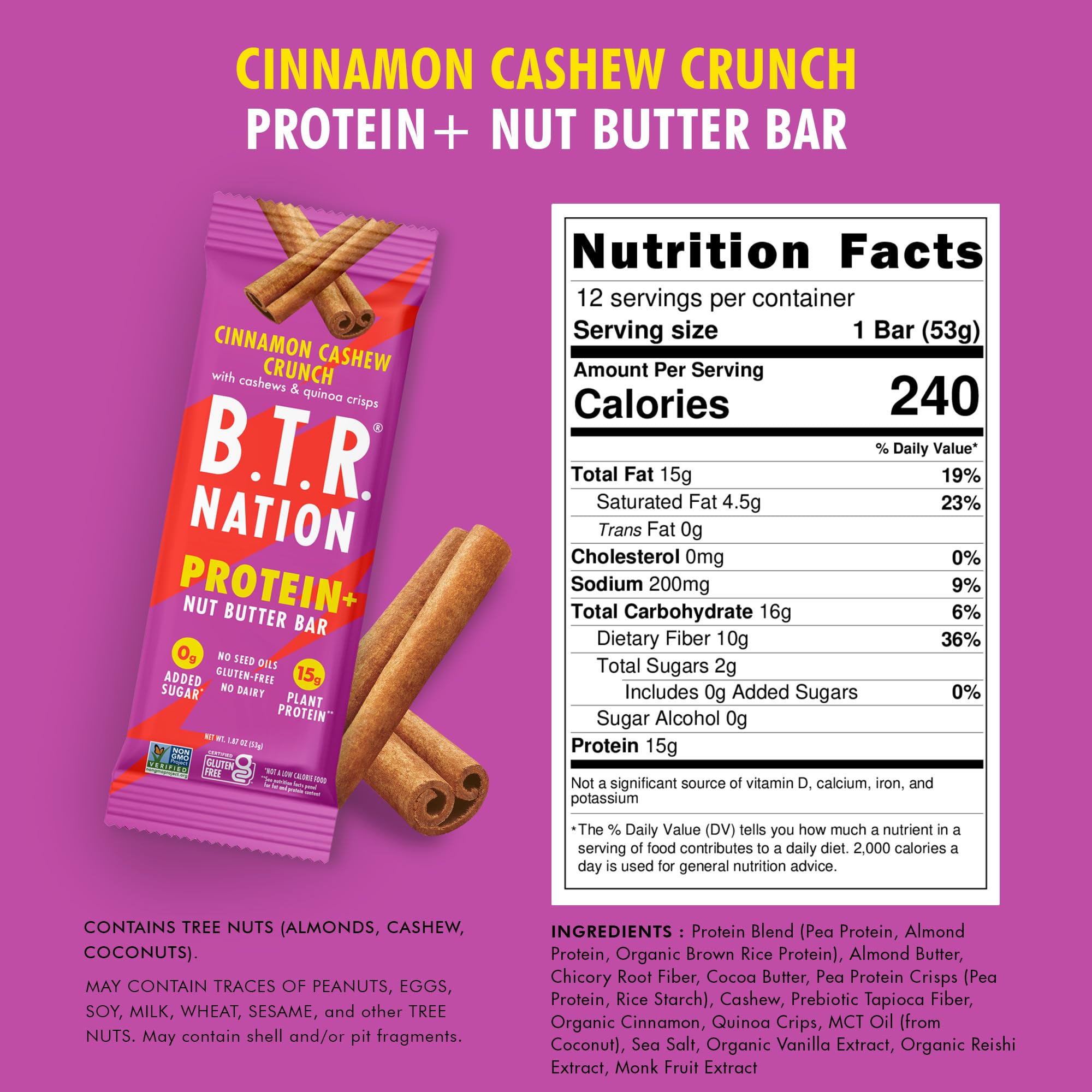 B.T.R. Nation Cinnamon Cashew Crunch pack showing a 12-bar box for on-the-go snacking.