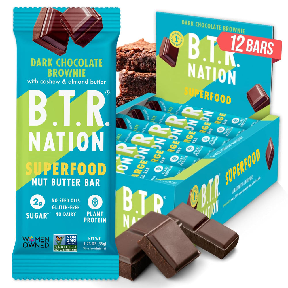 B.T.R Nation Keto Superfood Bar brownie recharge packaging, a low-carb energy option.