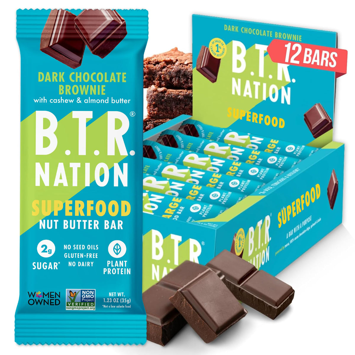 B.T.R Nation Keto Superfood Bar brownie recharge packaging, a low-carb energy option.