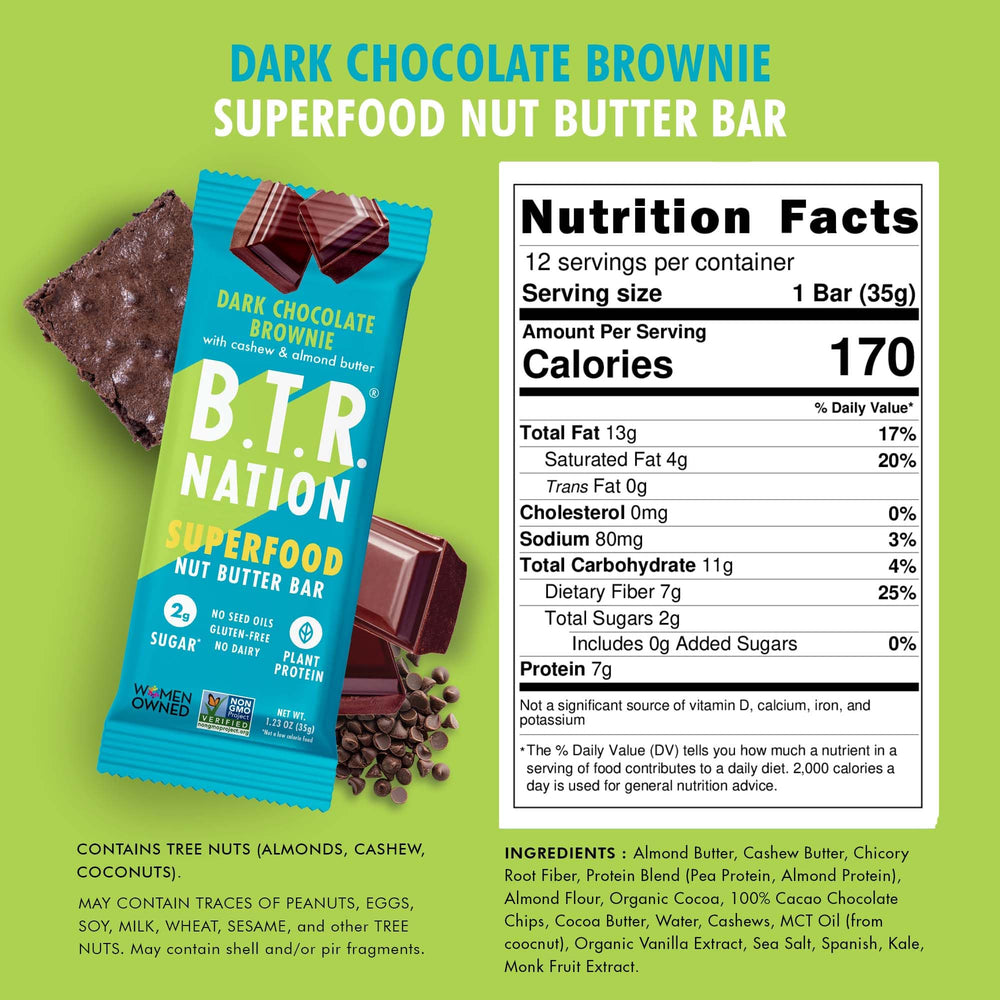 B.T.R Nation Keto Superfood Bar brownie recharge serving, dense texture for a satisfying bite.