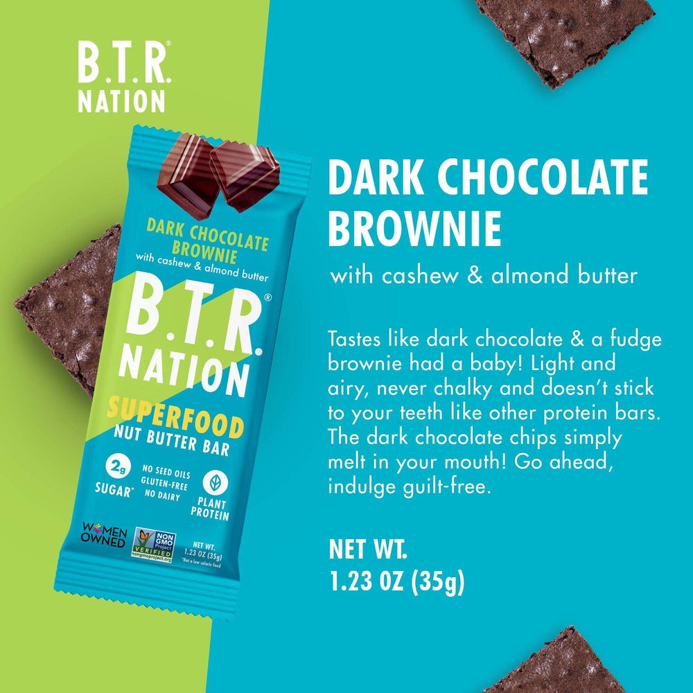 B.T.R Nation Keto Superfood Bar brownie recharge close-up showing dark chocolate chips melting.