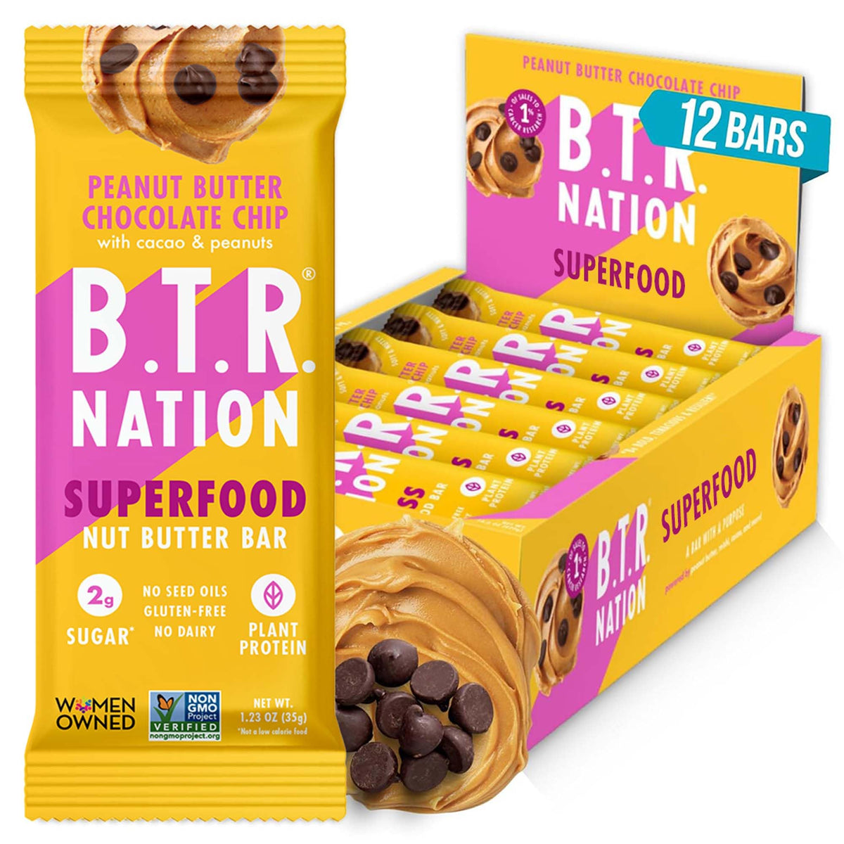 B.T.R. Nation Bliss bar cross-section reveals creamy peanut butter and chips.
