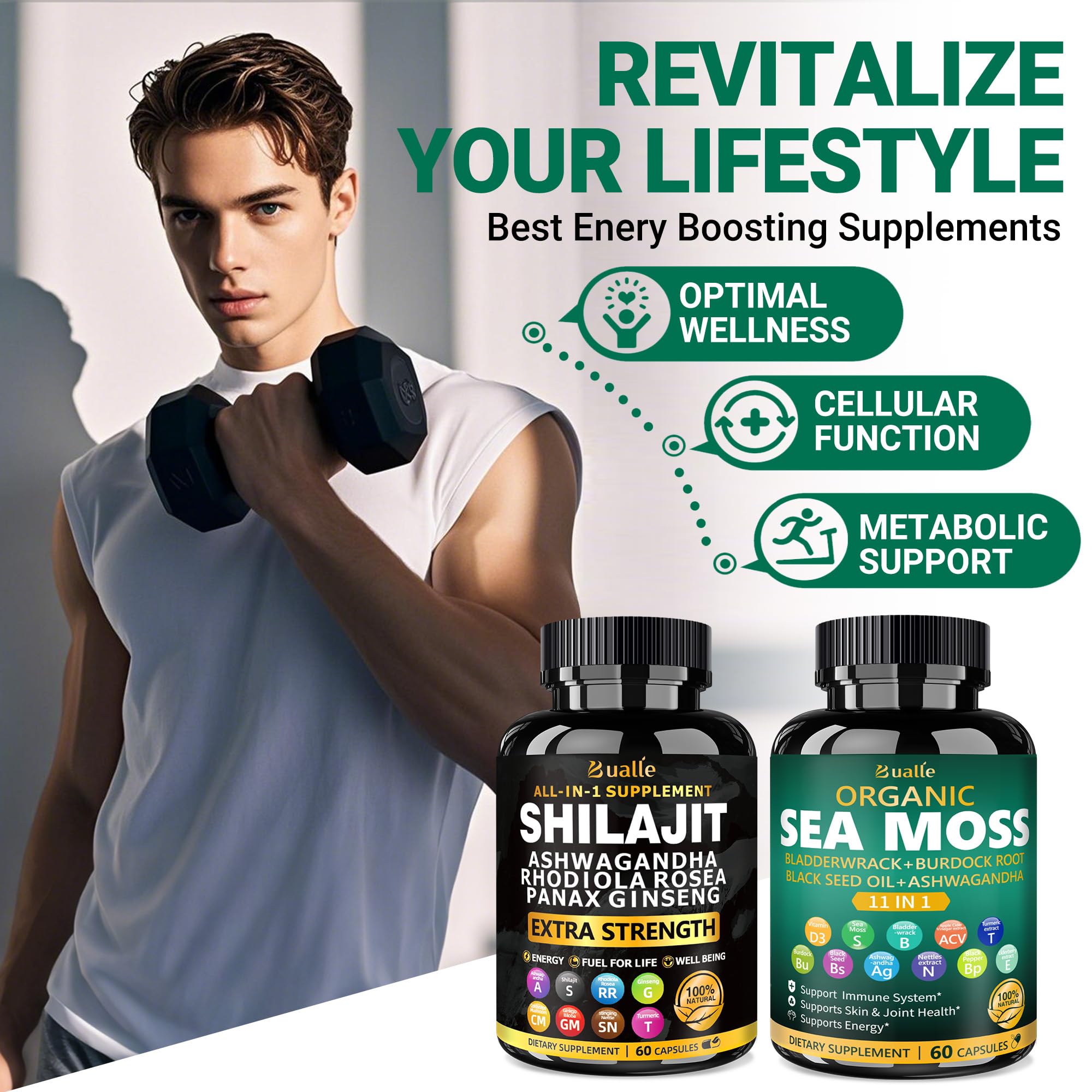 Bualle Ashwagandha capsules shown for everyday focus and calm energy