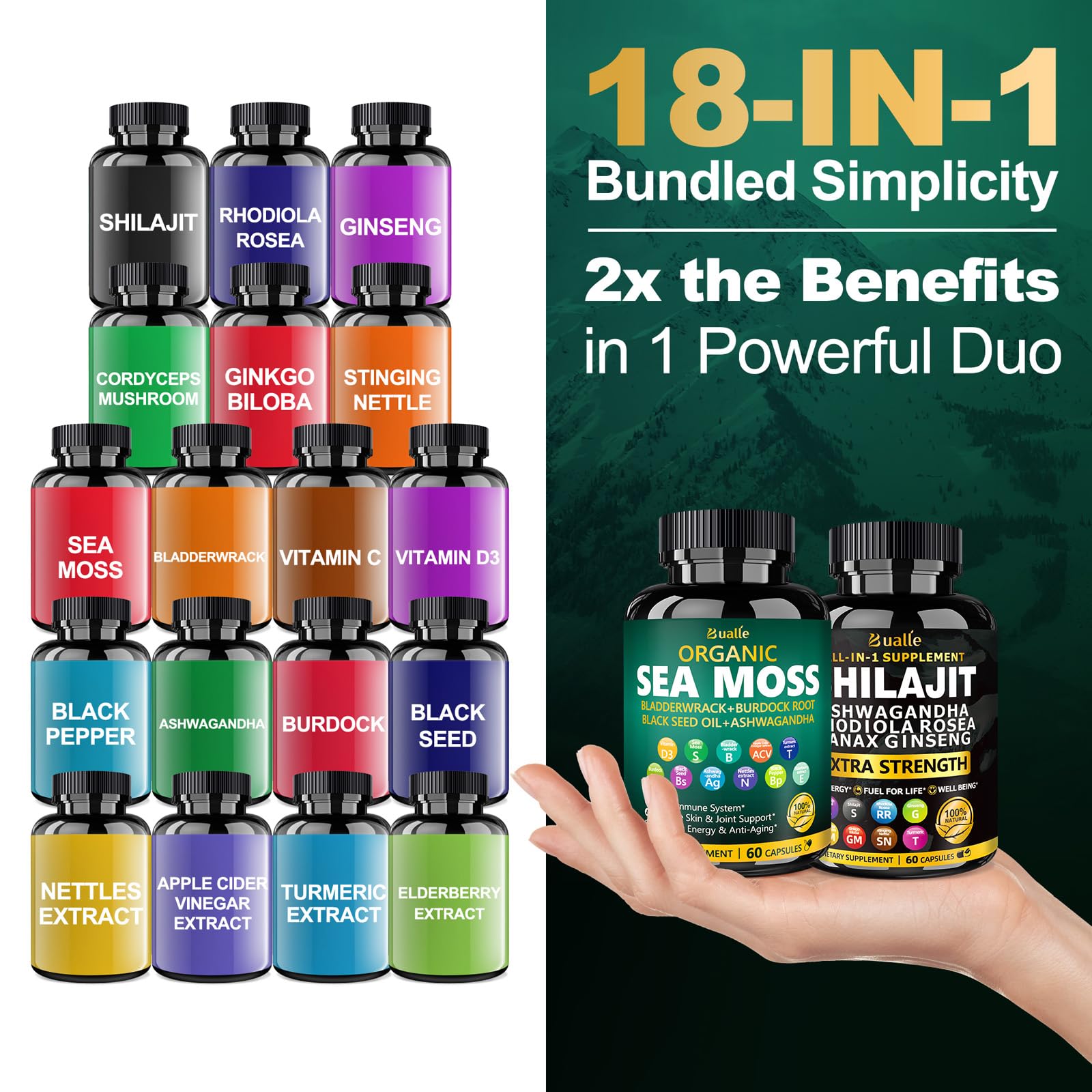 Bualle bottle with 60 capsules highlighting airtight light-proof packaging