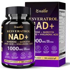 Bualle NAD supplement bottle front showing comprehensive cellular wellness formula.