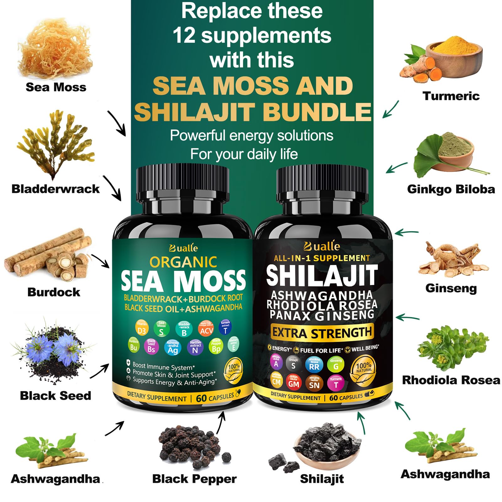 Bualle sea moss capsules close view highlighting mineral-rich seaweed support