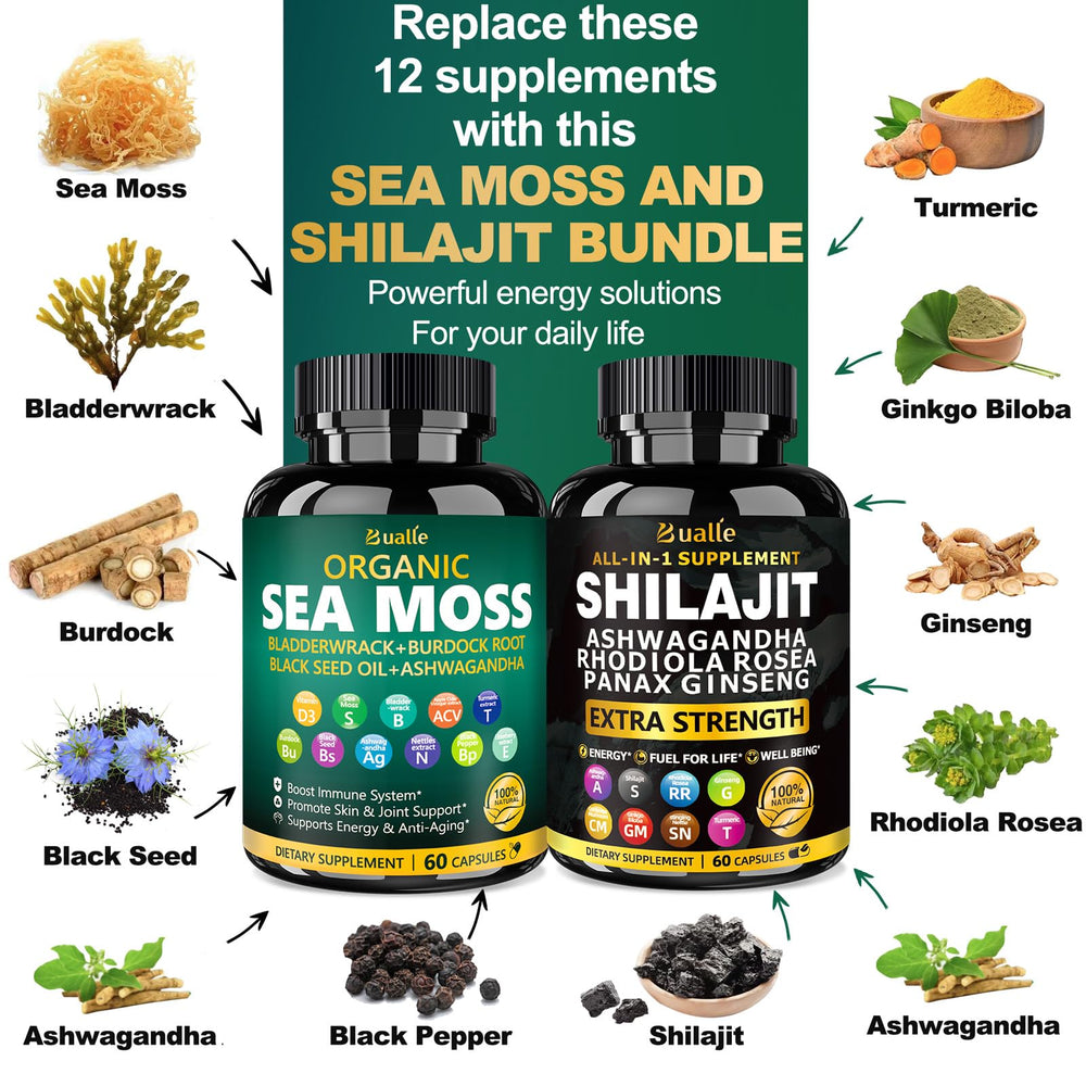 Bualle sea moss capsules close view highlighting mineral-rich seaweed support
