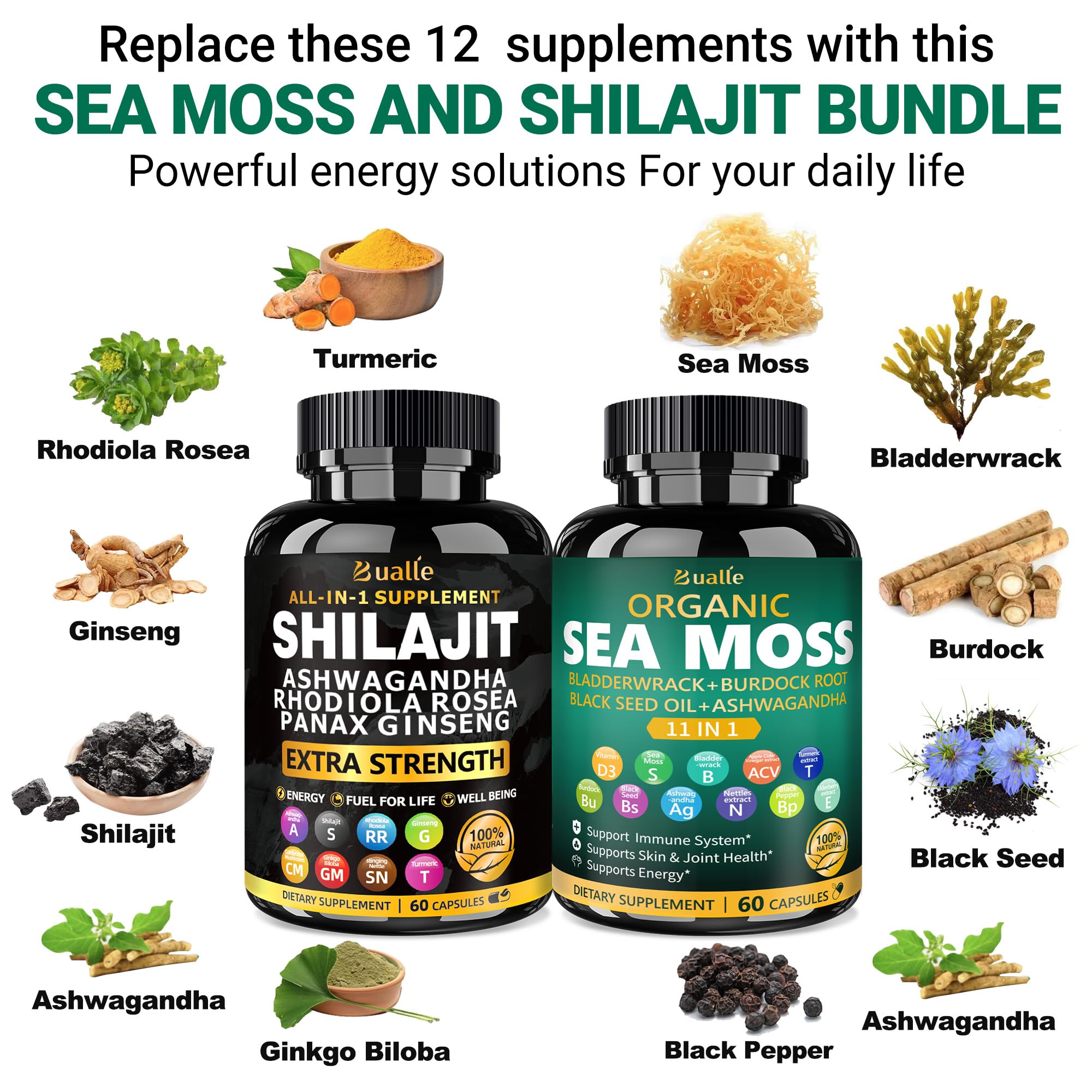 Bualle Shilajit energy capsules close-up signaling natural vitality support