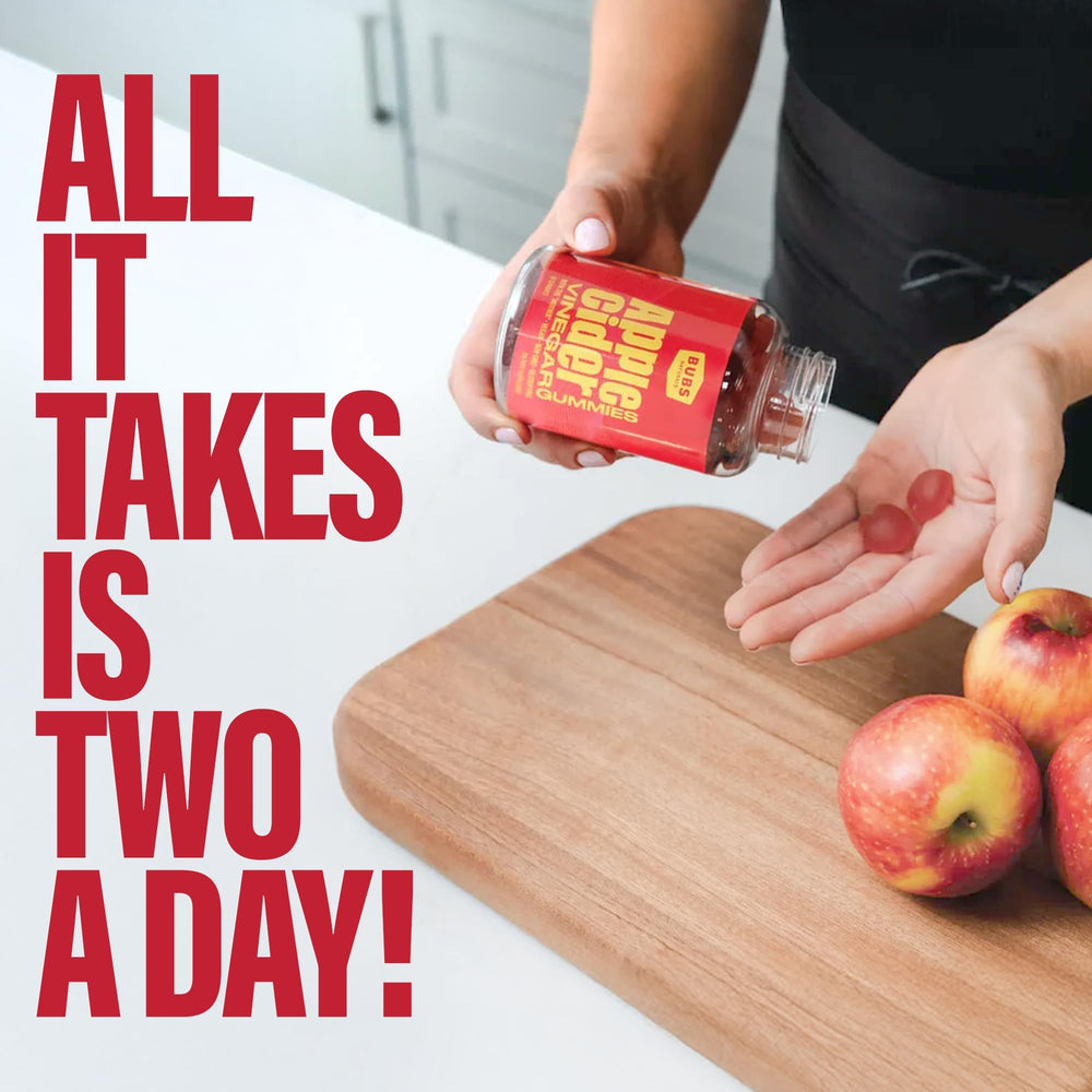 BUBS Naturals ACV Gummies label highlights vegan, non-GMO, and gluten-free formulation