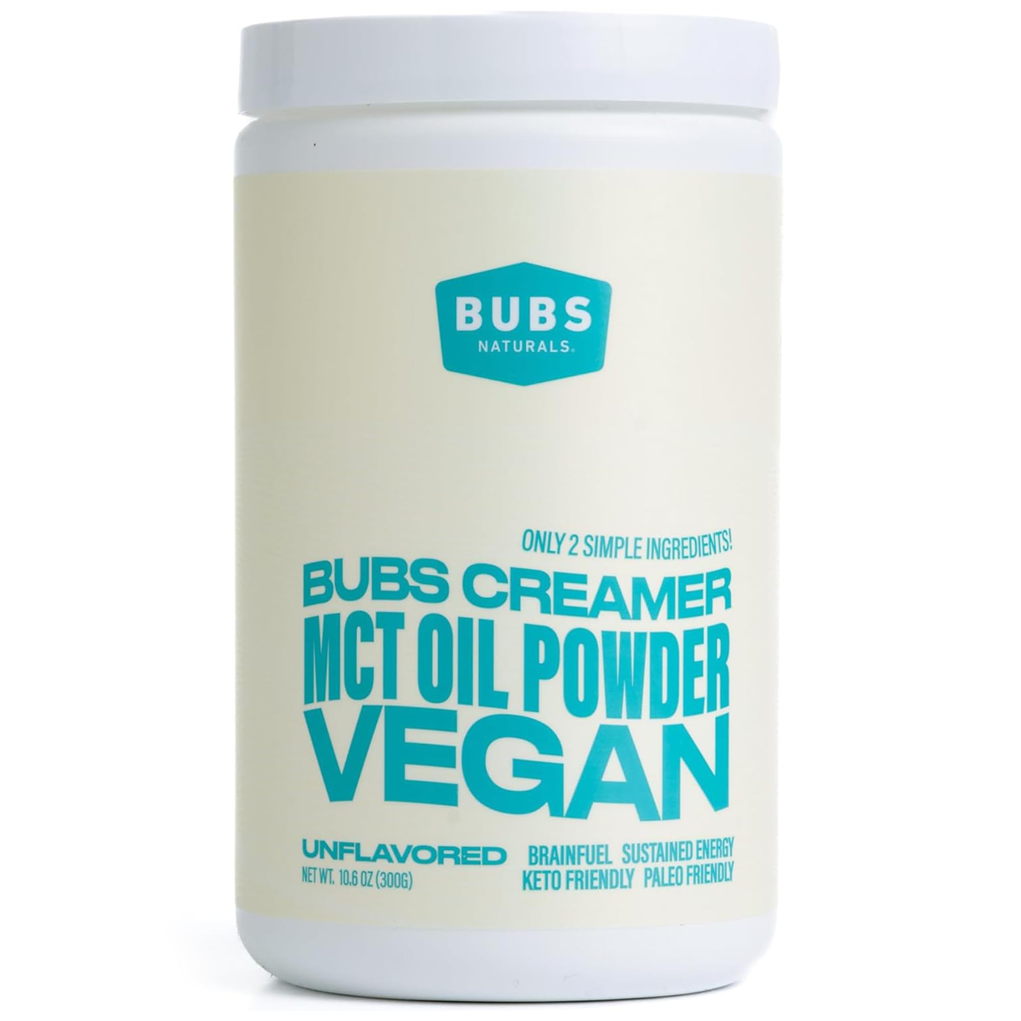 BUBS Naturals MCT Oil Powder bottle for clean energy and keto-friendly fuel.