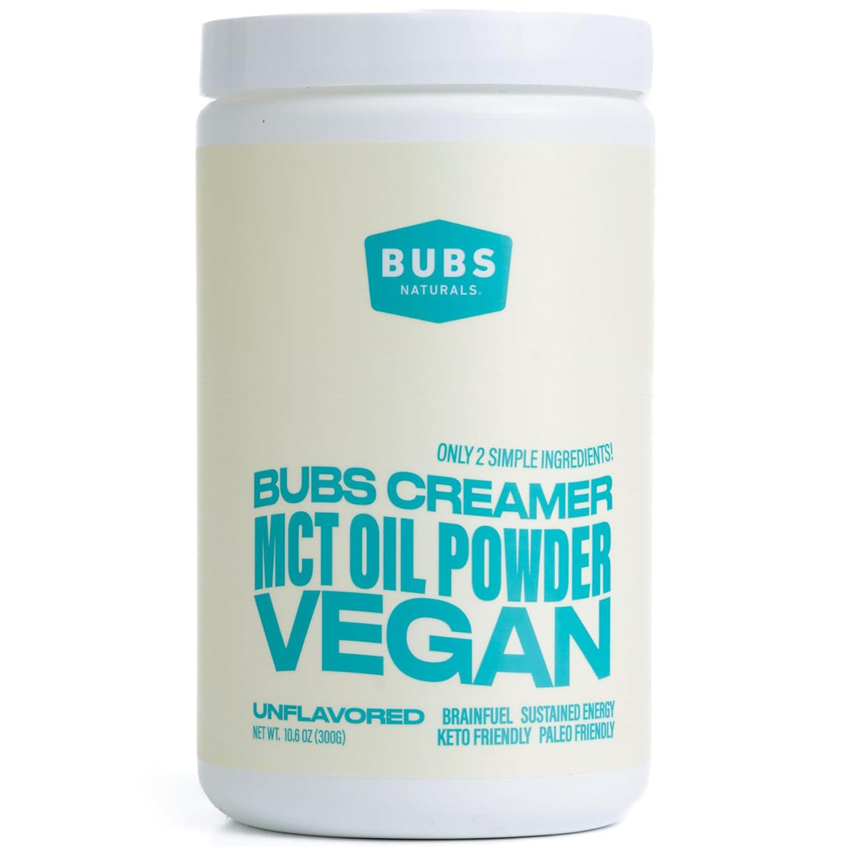 BUBS Naturals MCT Oil Powder bottle for clean energy and keto-friendly fuel.